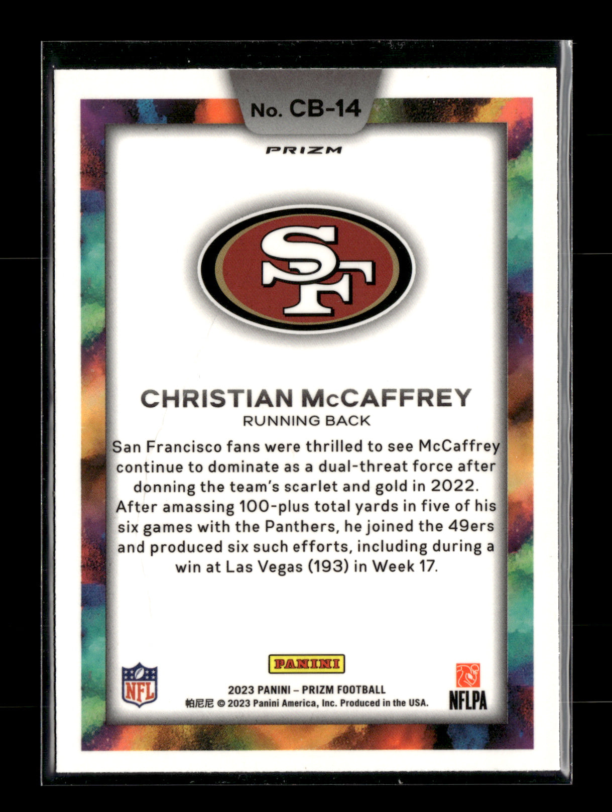 2023 Panini Prizm Christian McCaffrey #CB-14 Color Blast San Francisco 49ers