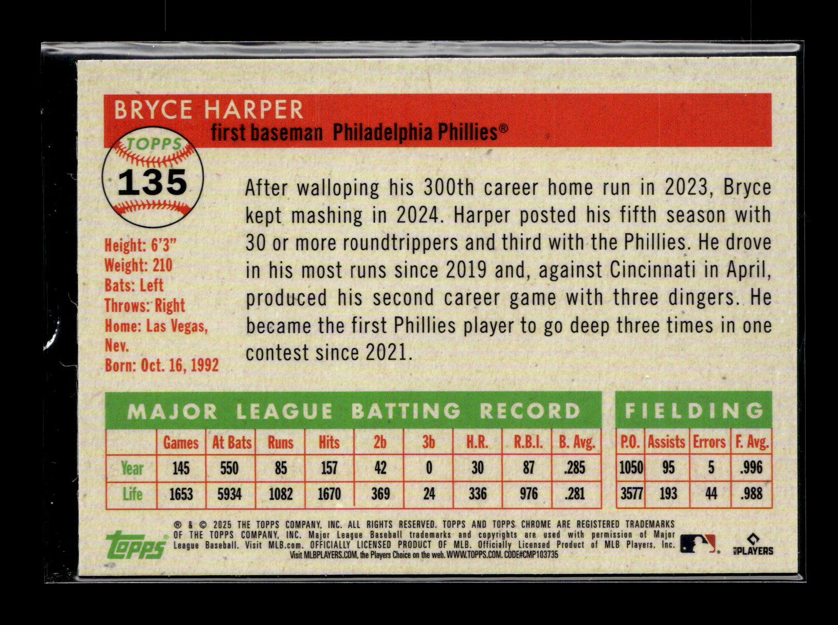2025 Topps Chrome Platinum Bryce Harper #135 Rose Gold Refractors #/75 Philadelphia Phillies