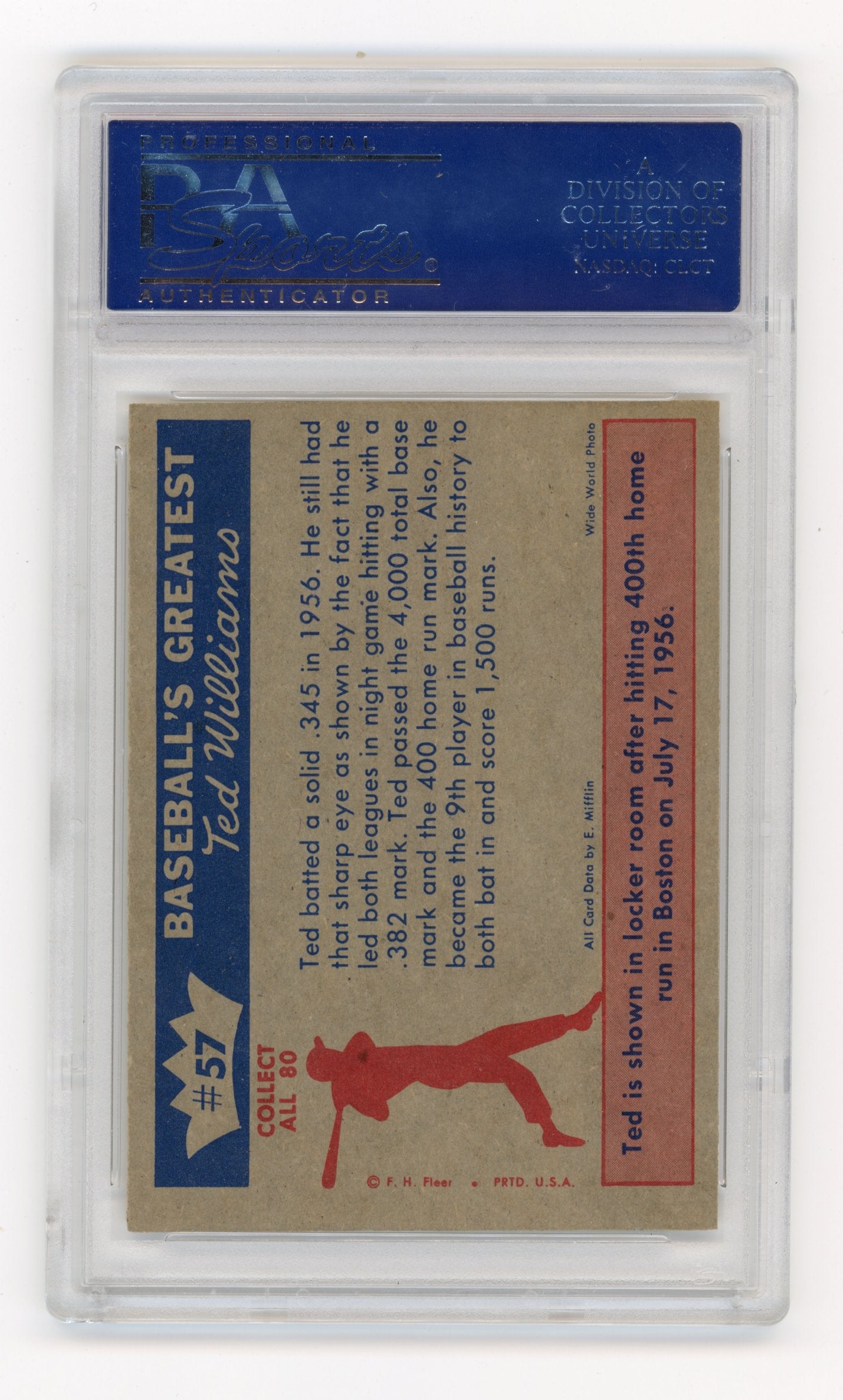 1959 Fleer Ted Williams 1956-Ted Reaches #57 400th Homer PSA 9