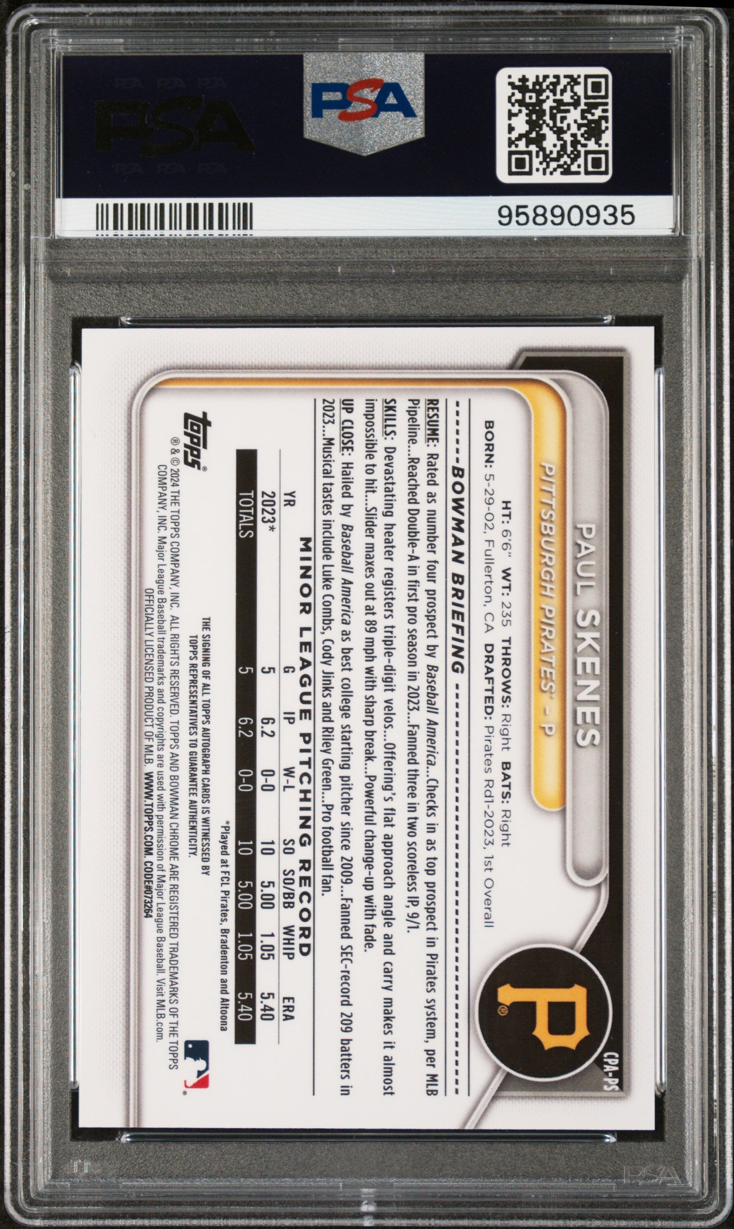 2024 Bowman Paul Skenes #CPA-PS Chrome Prospect Autographs Blue Lunar Refractors #/150 PSA 8 Pittsburgh Pirates