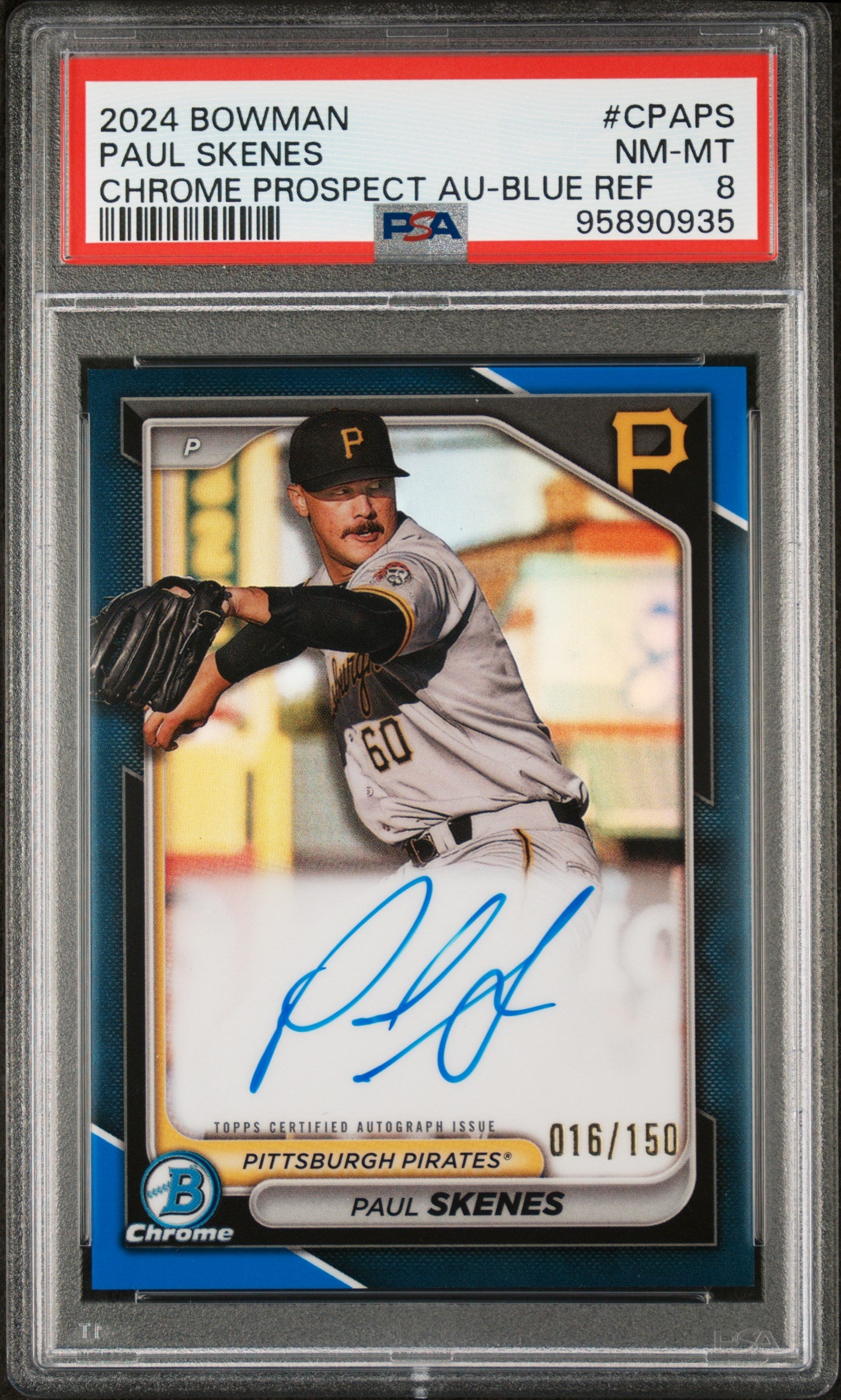 2024 Bowman Paul Skenes #CPA-PS Chrome Prospect Autographs Blue Lunar Refractors #/150 PSA 8 Pittsburgh Pirates