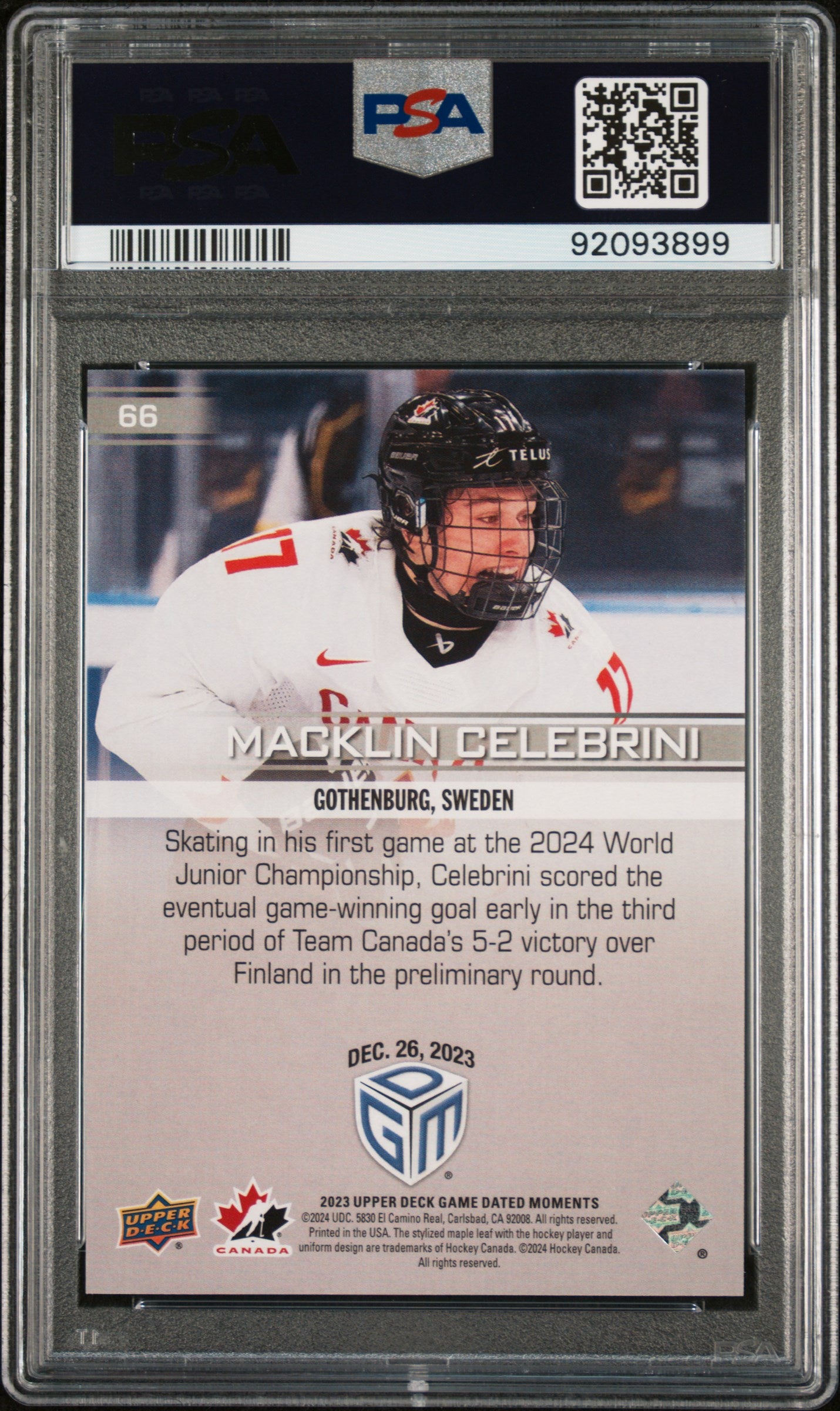 2023 Upper Deck Game Dated Moments Macklin Celebrini #66 PSA 10 Canada