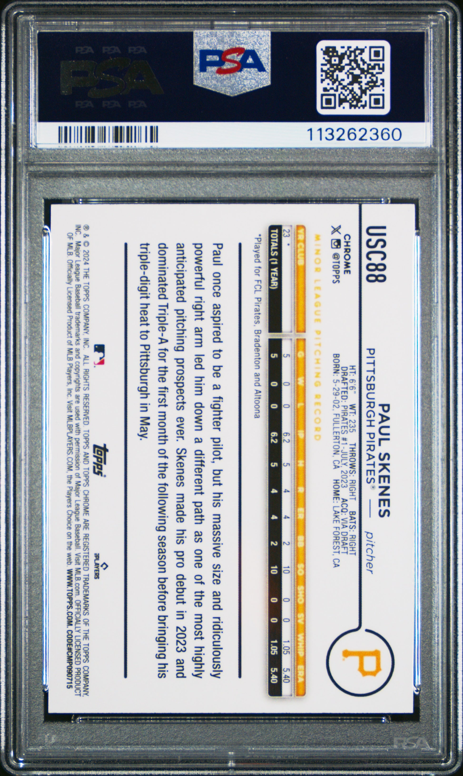 2024 Topps Chrome Update Paul Skenes #USC88 RayWave Refractors PSA 10 Pittsburgh Pirates