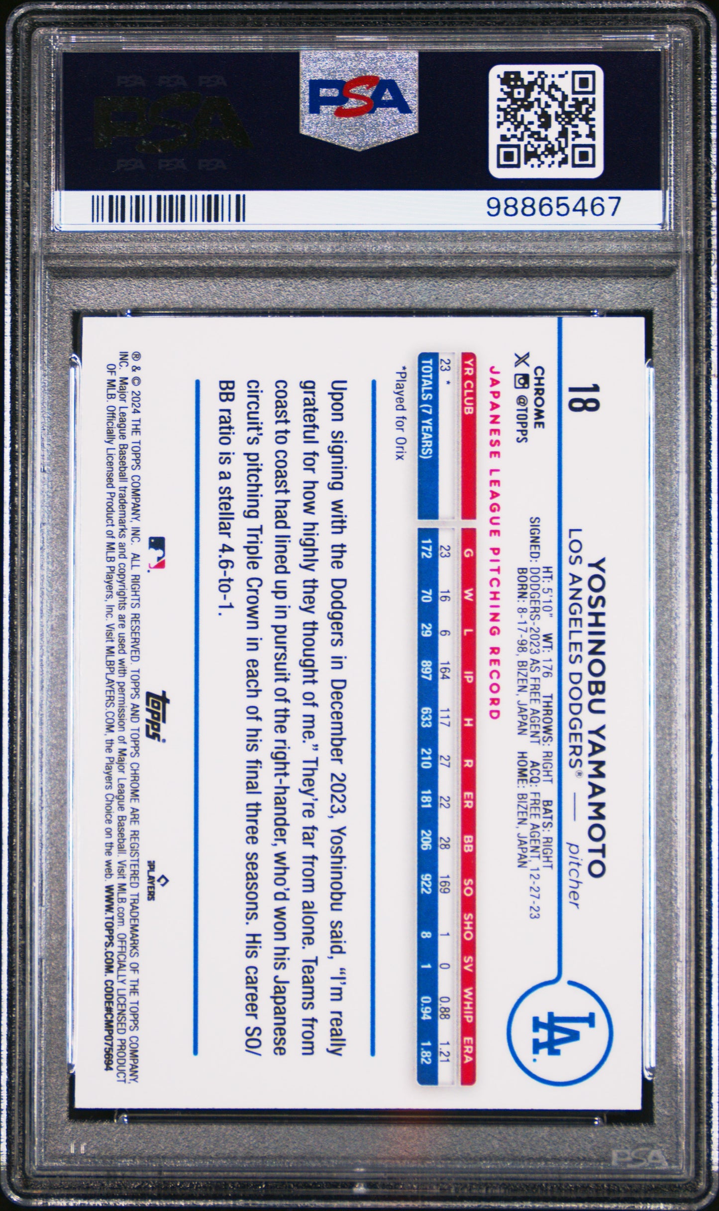 2024 Topps Chrome Yoshinobu Yamamoto #18 X-Fractor PSA 10