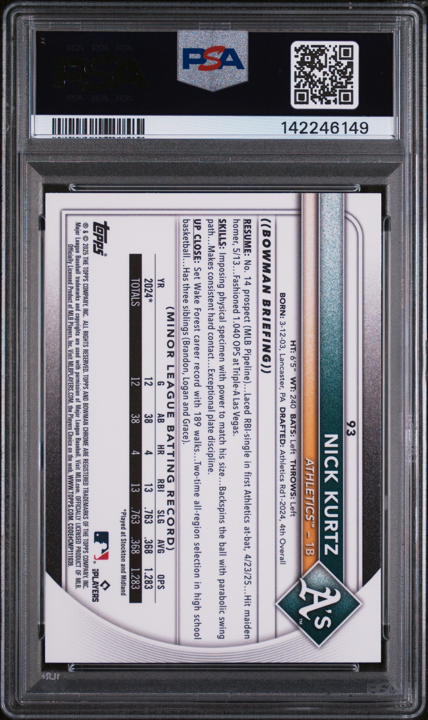 2025 Bowman Chrome Nick Kurtz #93 Mojo Refractors PSA 10 Athletics