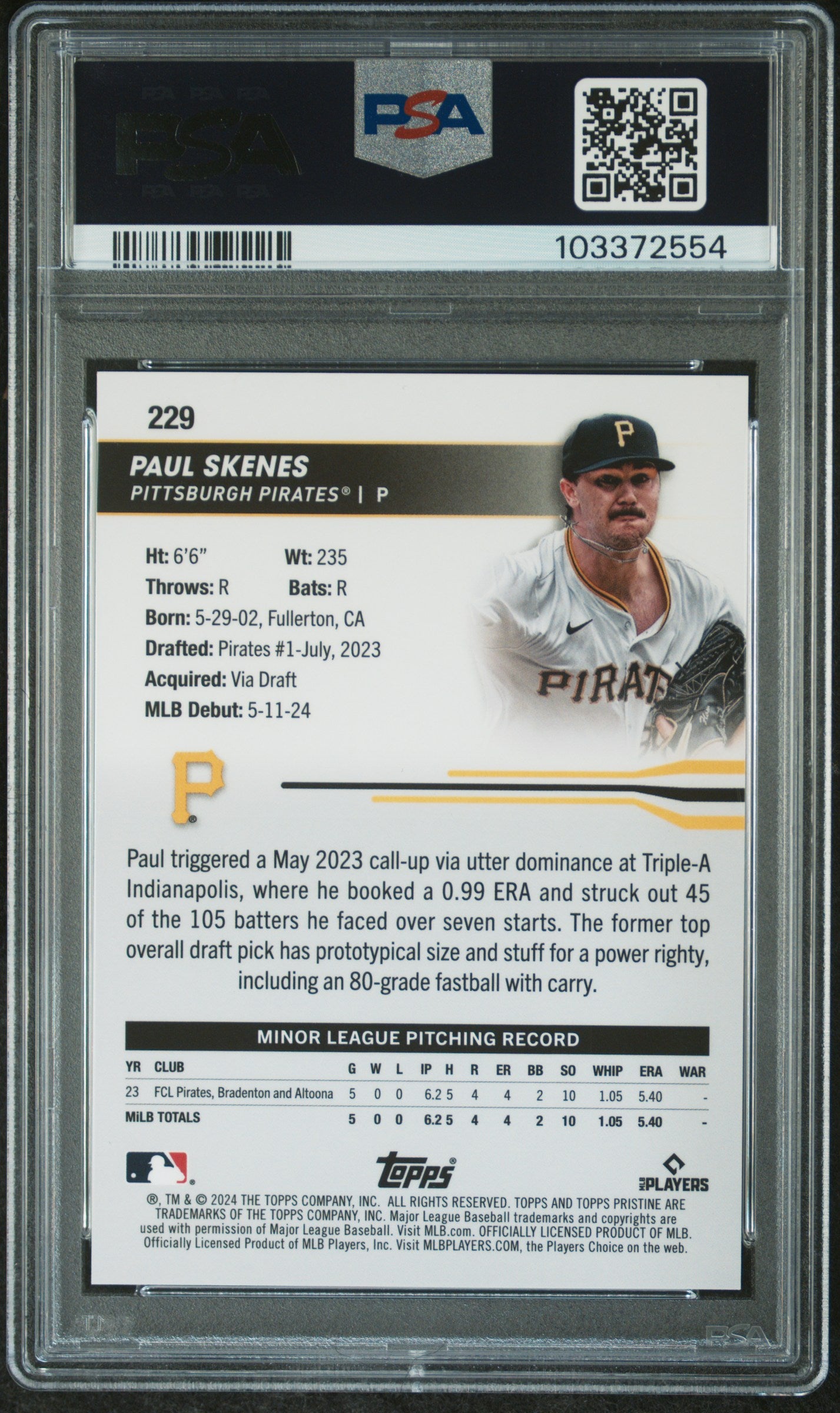 2024 Topps Pristine Paul Skenes #229 Gold Refractors #/50 PSA 10 Pittsburgh Pirates