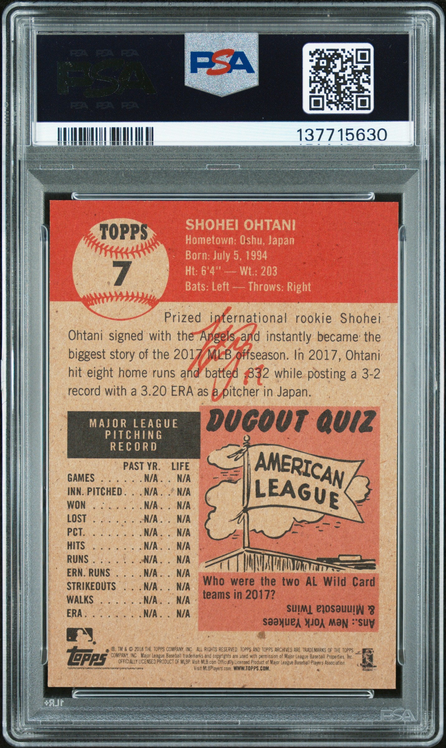 2018 Topps Living Shohei Ohtani #7 PSA 9 Los Angeles Angels
