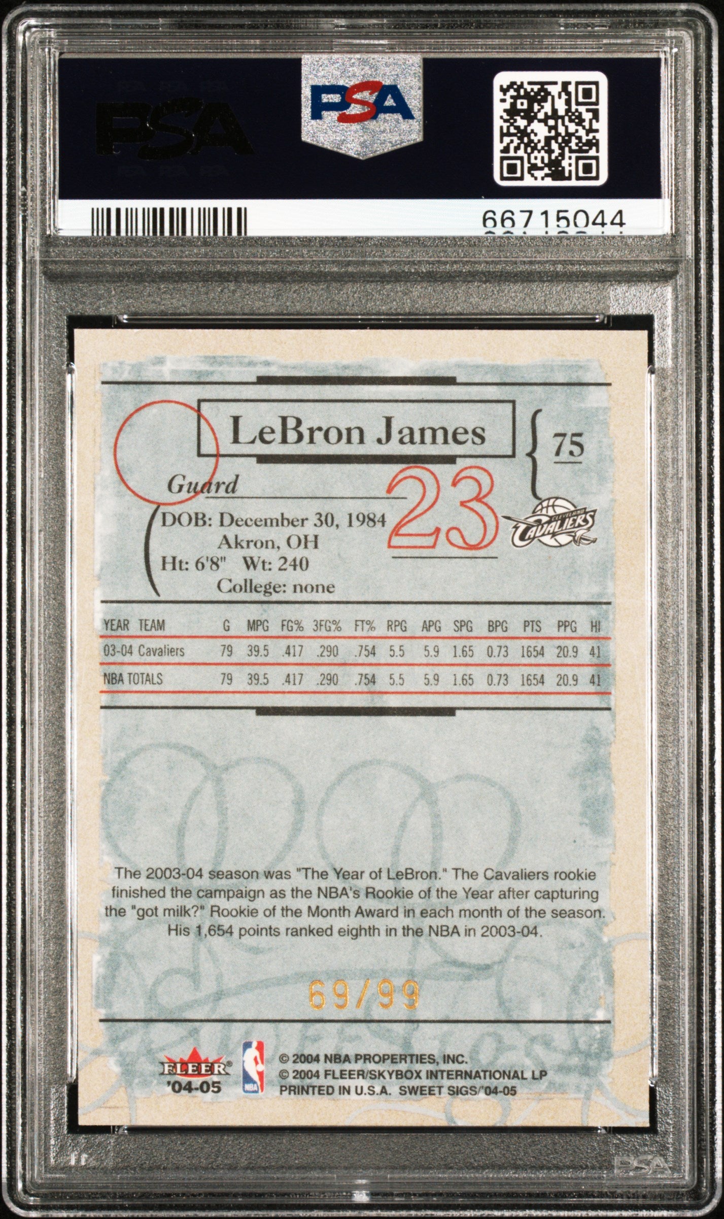 2004-05 Fleer Sweet Sigs LeBron James #75 Gold #/99 PSA 9 Cleveland Cavaliers
