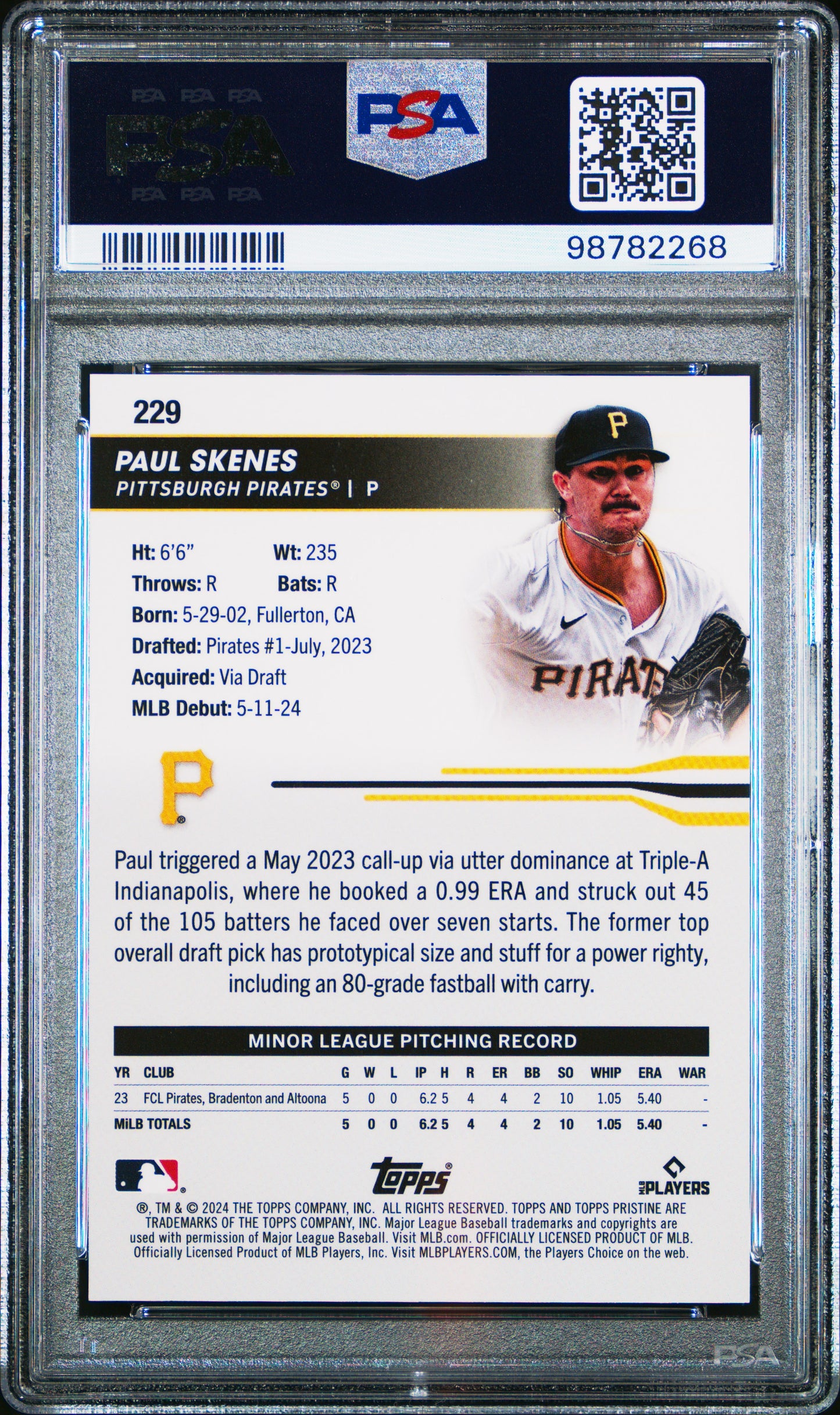 2024 Topps Pristine Paul Skenes #229 Blue Refractors #/75 PSA 10 Pittsburgh Pirates