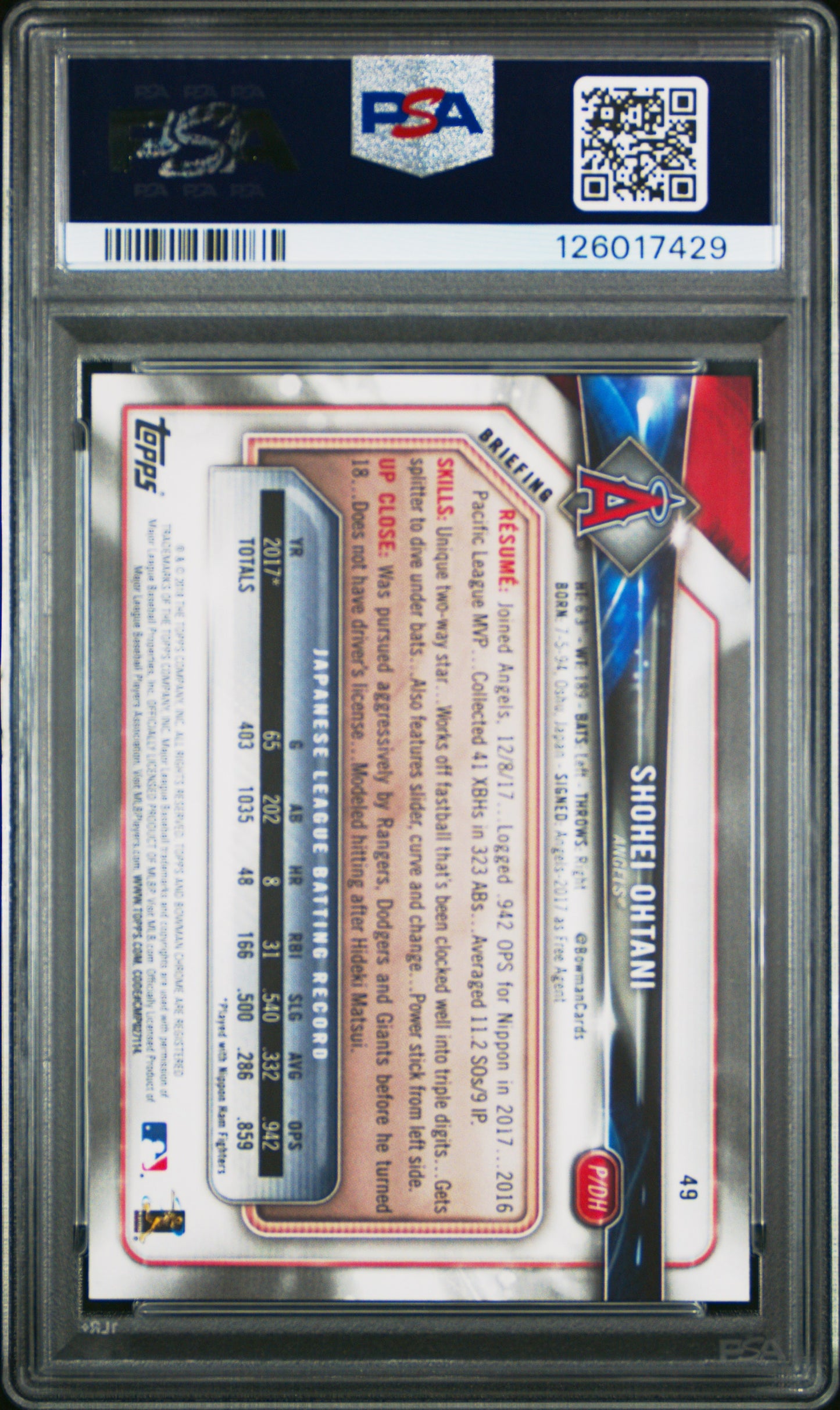 2018 Bowman Shohei Ohtani #49 PSA 9 Los Angeles Angels