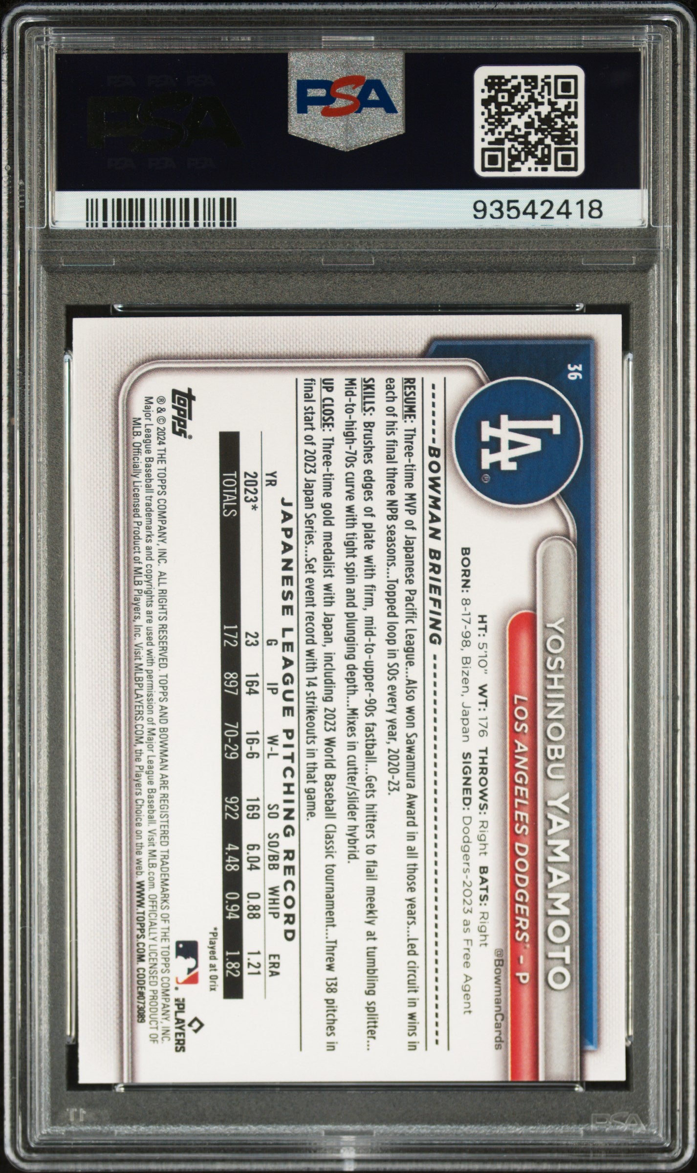 2024 Bowman Yoshinobu Yamamoto #36 PSA 10 Los Angeles Dodgers