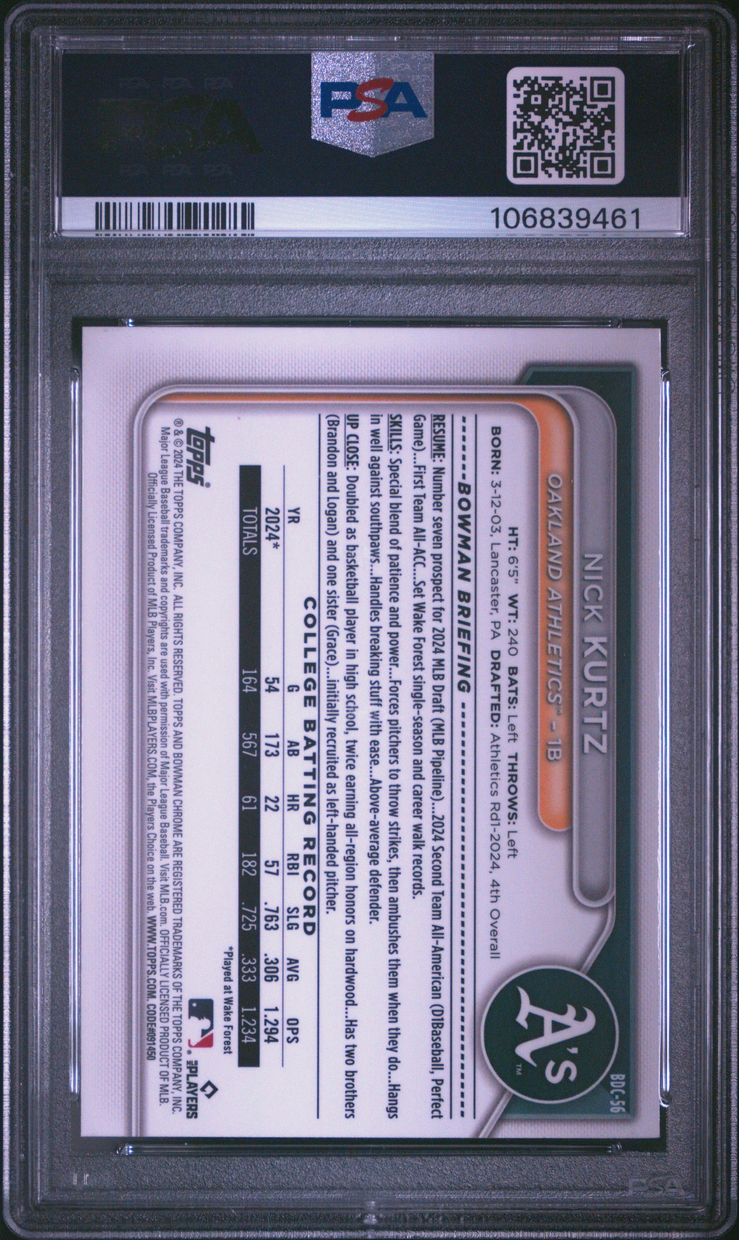 2024 Bowman Draft Nick Kurtz #BDC-56 Chrome PSA 9 Oakland Athletics
