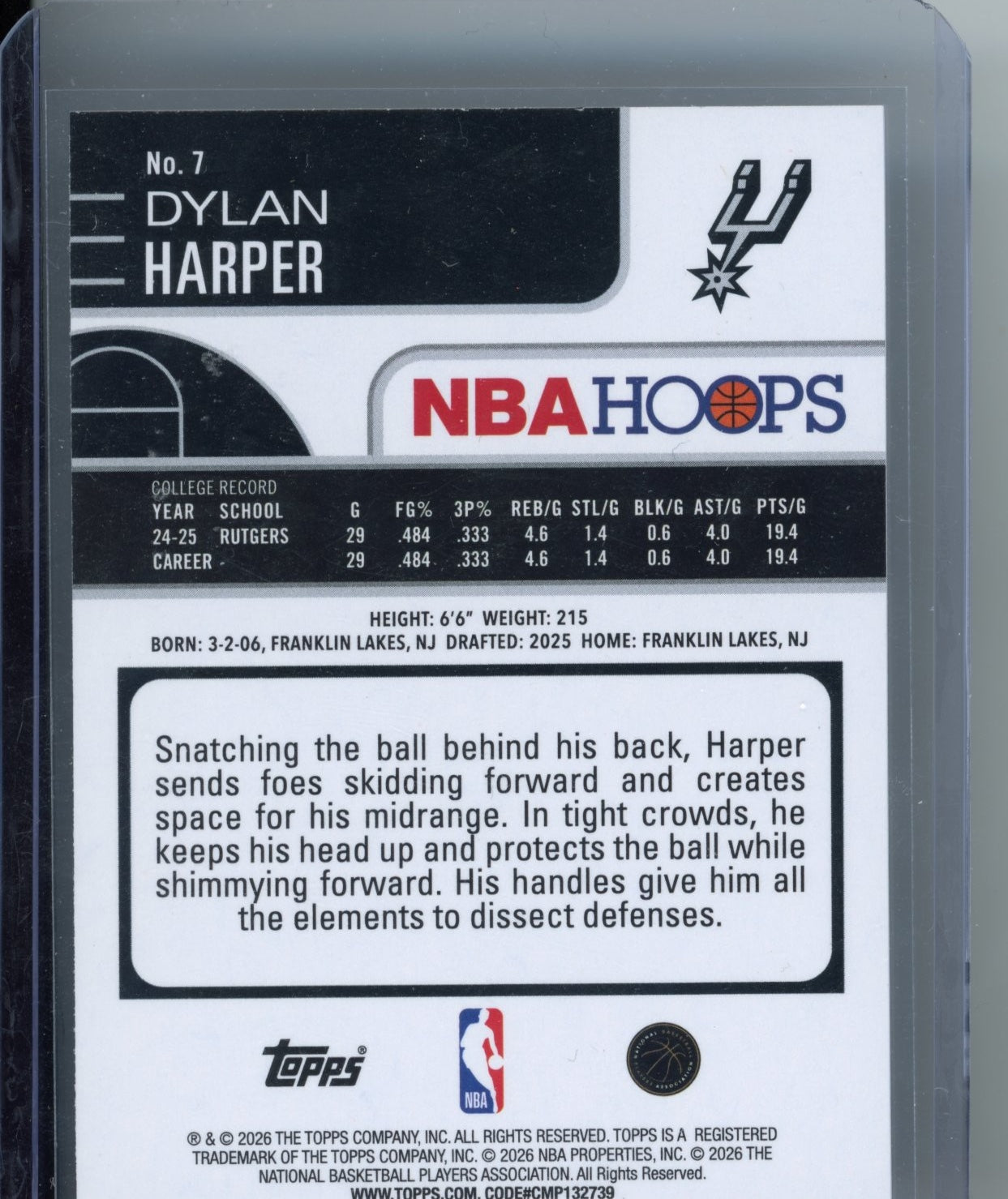 2025-26 Hoops Dylan Harper #7 San Antonio Spurs