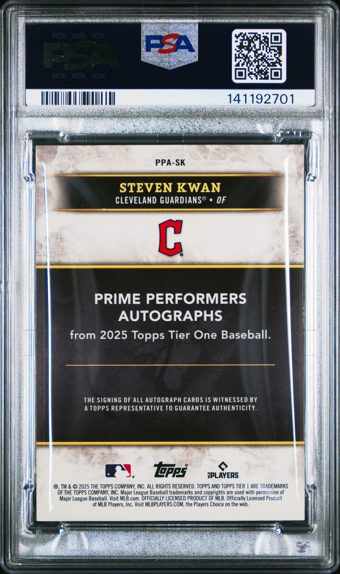 2025 Topps Tier One Steven Kwan #PPA-SK Prime Performers Autographs Green Foil PSA 7 Cleveland Guardians