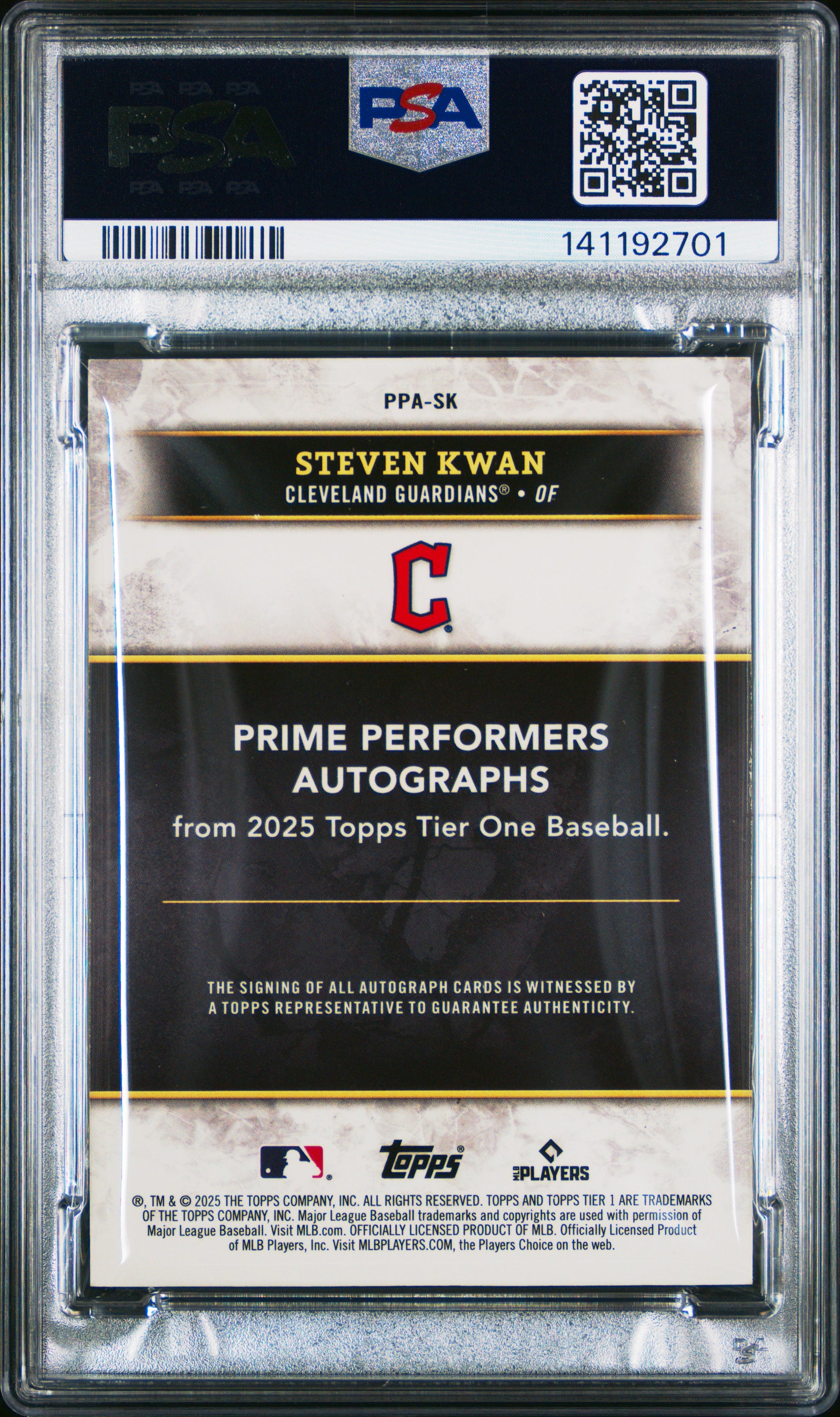 2025 Topps Tier One Steven Kwan #PPA-SK Prime Performers Autographs Green Foil PSA 7 Cleveland Guardians