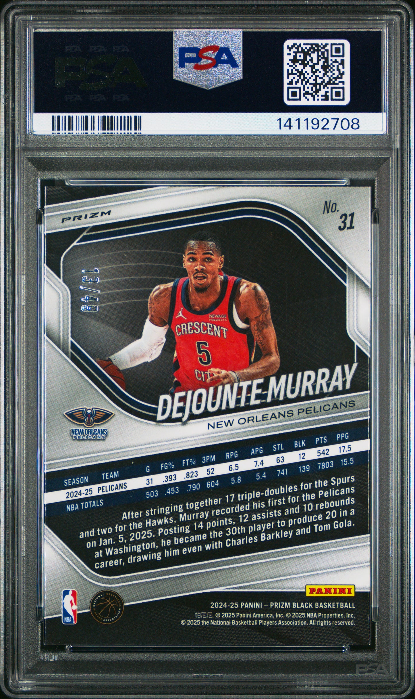 2024-25 Panini Prizm Black Dejounte Murray #31 Orange Prizms #/49 PSA 10 New Orleans Pelicans
