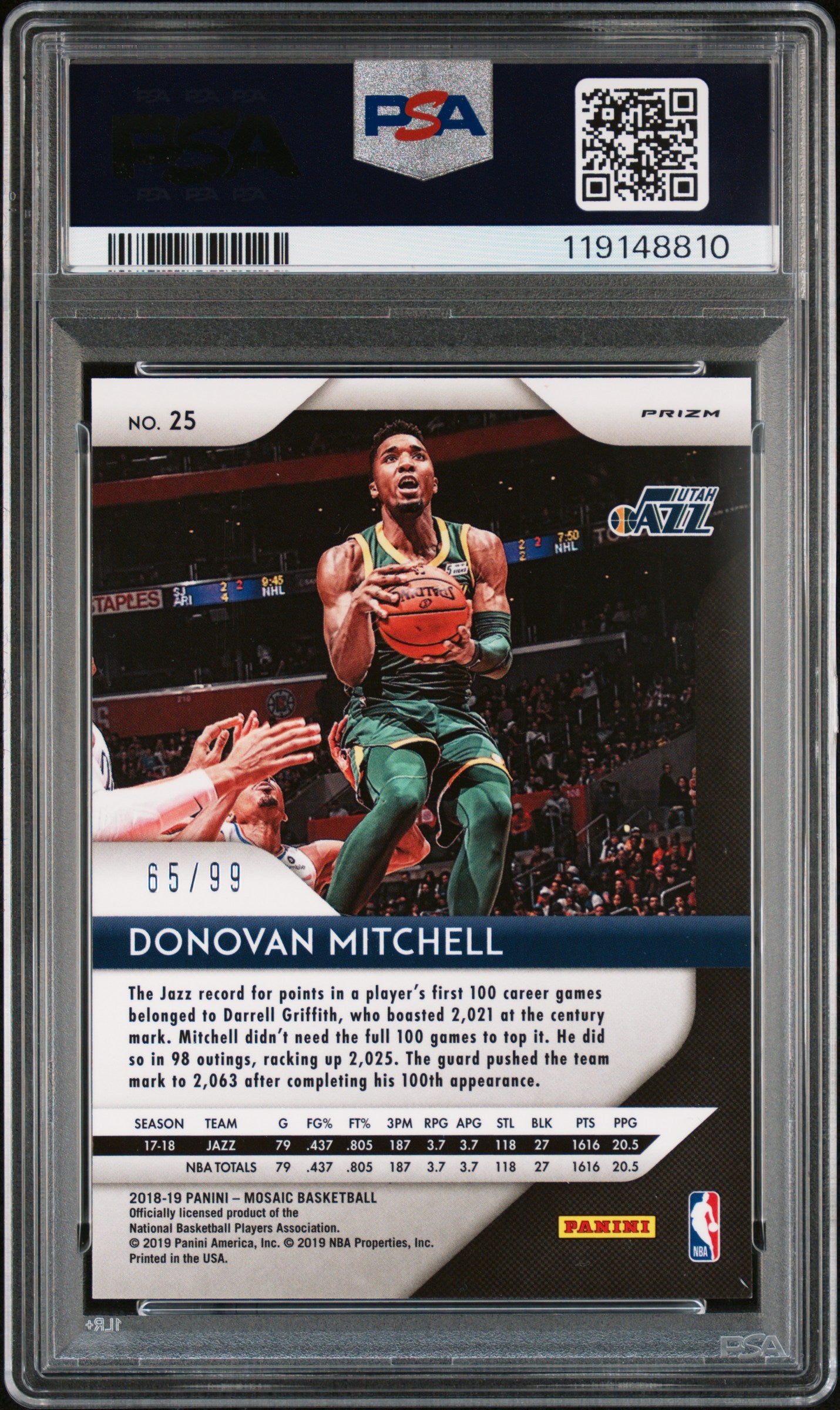 2018-19 Panini Mosaic Prizm Donovan Mitchell #25 Orange #/99 PSA 9 Utah Jazz