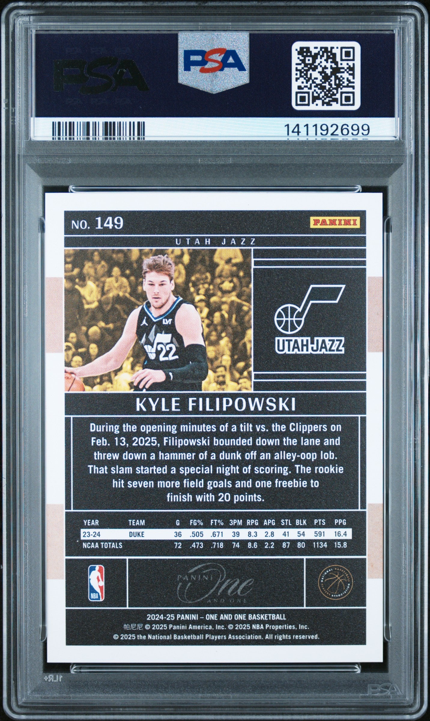 2024-25 Panini One and One Kyle Filipowski #149 Orange #/49 PSA 8 Utah Jazz