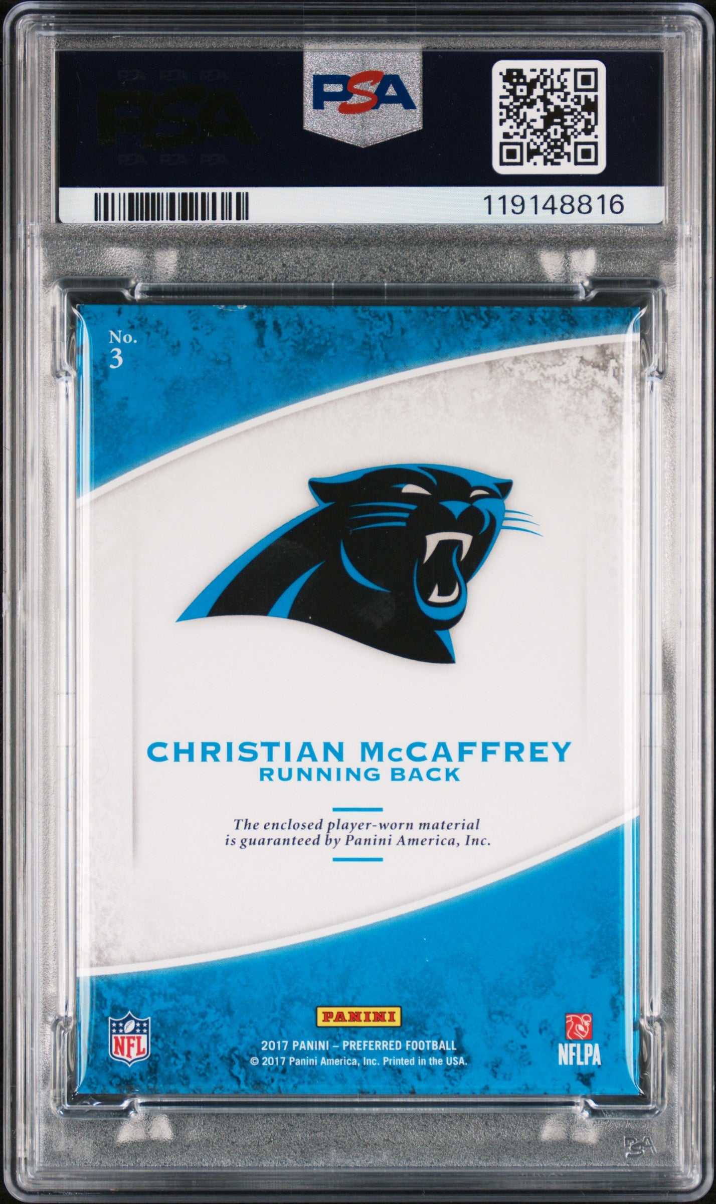 2017 Panini Crown Royale Christian McCaffrey #3 Jumbo Rookie Silhouettes Jerseys Pink #/250 PSA 8 Carolina Panthers