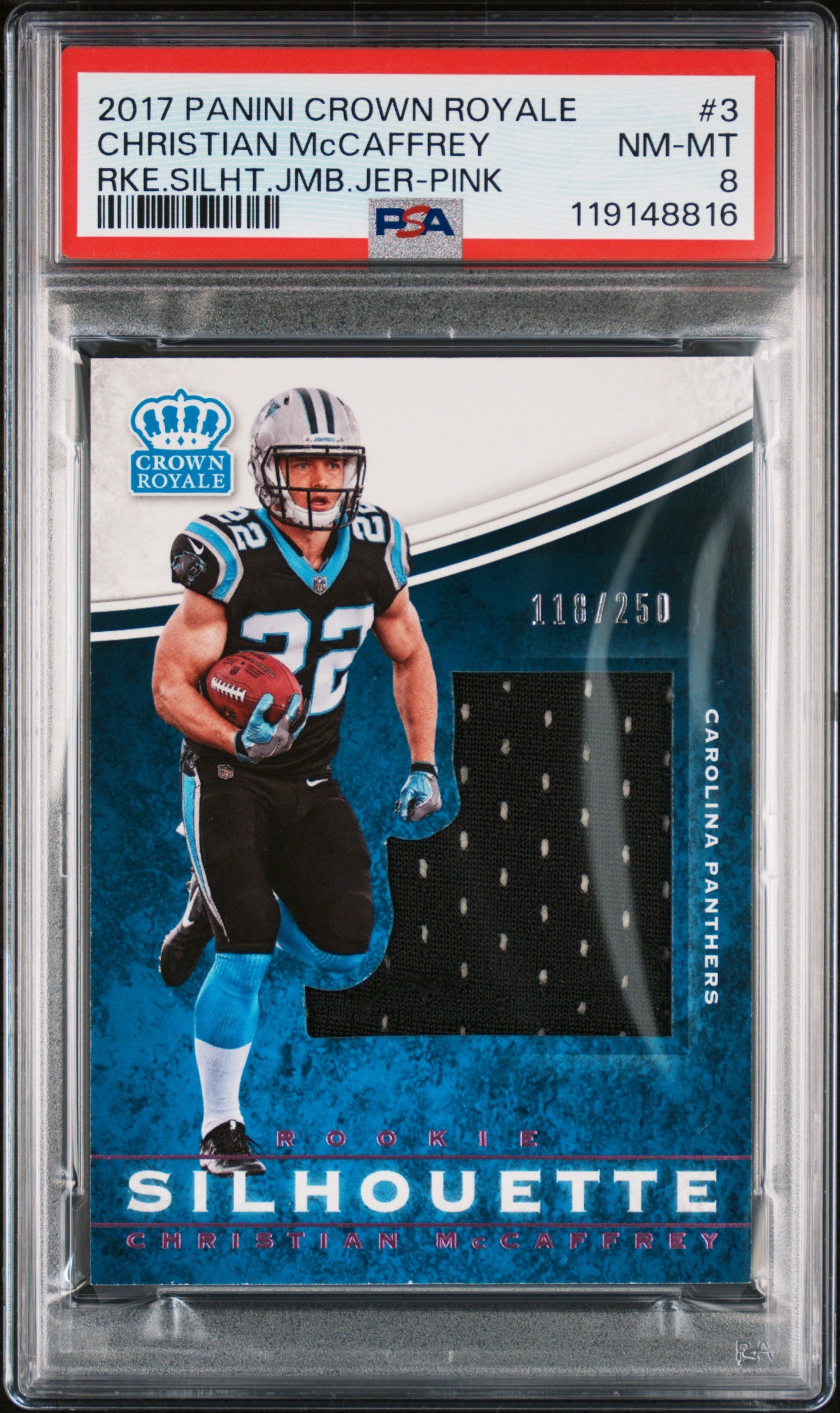 2017 Panini Crown Royale Christian McCaffrey #3 Jumbo Rookie Silhouettes Jerseys Pink #/250 PSA 8 Carolina Panthers