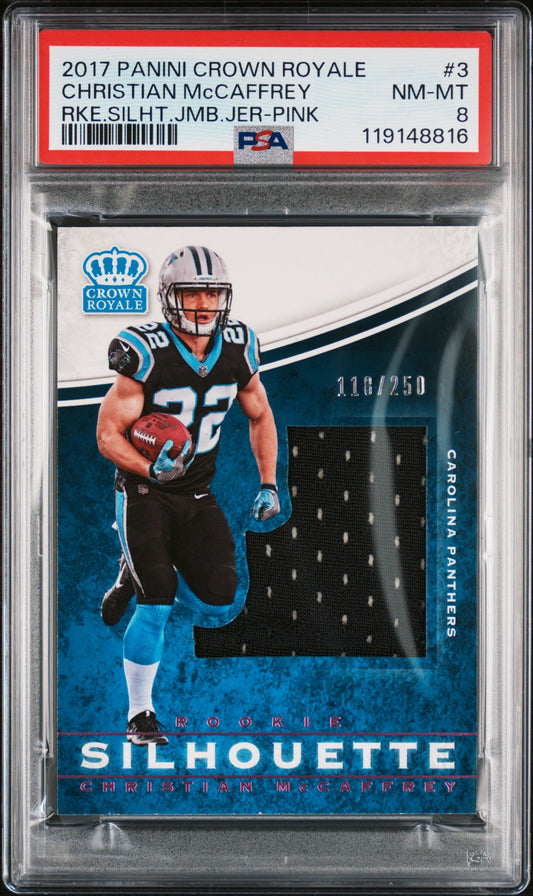 2017 Panini Crown Royale Christian McCaffrey #3 Jumbo Rookie Silhouettes Jerseys Pink #/250 PSA 8 Carolina Panthers