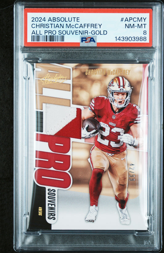 2024 Panini Absolute Christian McCaffrey #AP-CMY All Pro Souvenirs Gold #/99 PSA 8 San Francisco 49ers