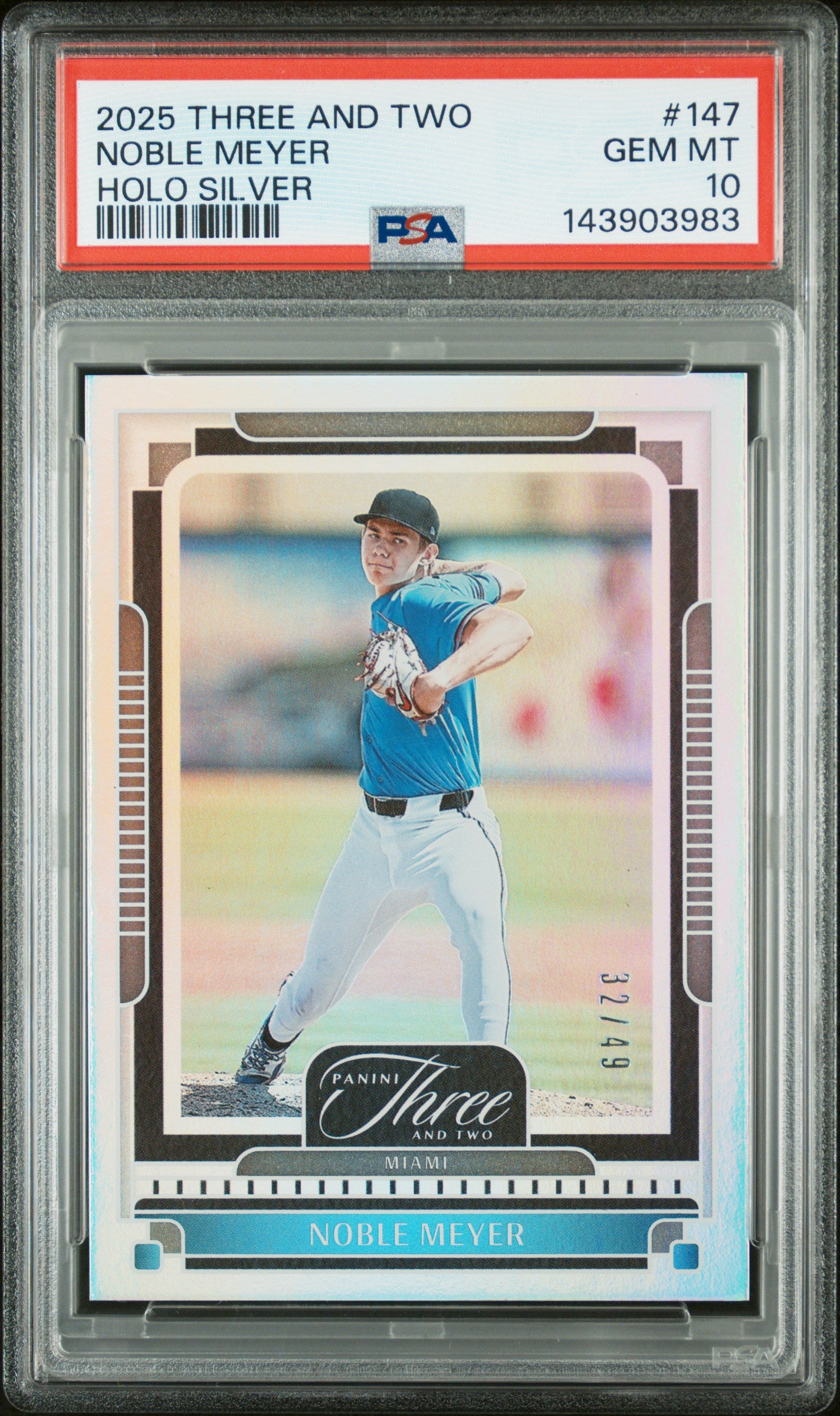 2025 Panini Three and Two Noble Meyer #147 Holo Silver #/49 PSA 10 Miami Marlins