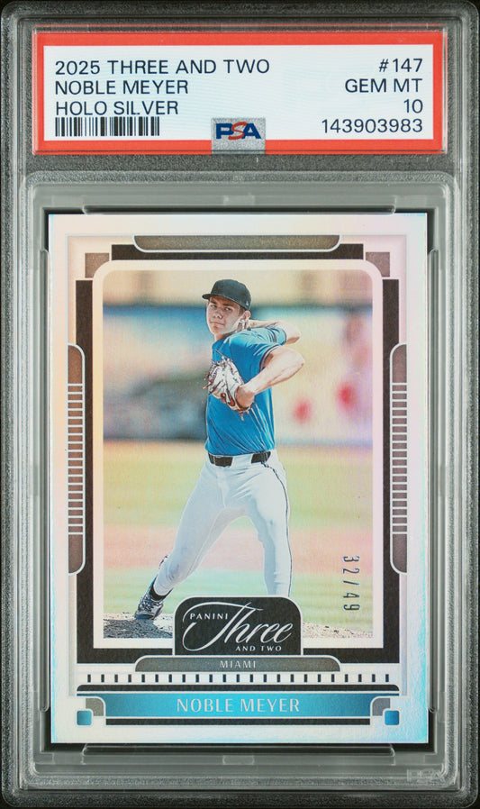 2025 Panini Three and Two Noble Meyer #147 Holo Silver #/49 PSA 10 Miami Marlins