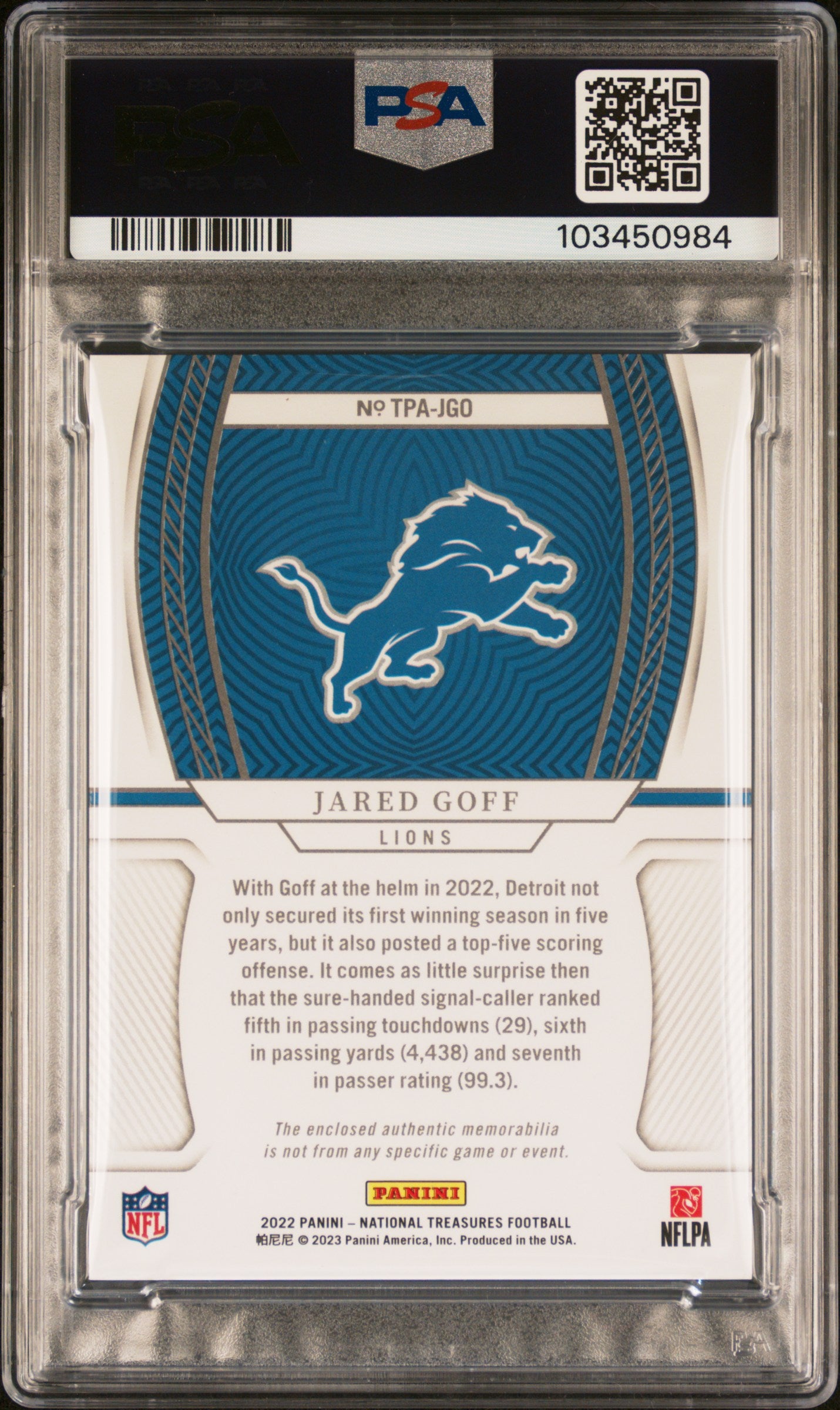 2022 Panini National Treasures Jared Goff #TPA-JGO Treasured Patches Holo Silver #/25 PSA 8 Detroit Lions