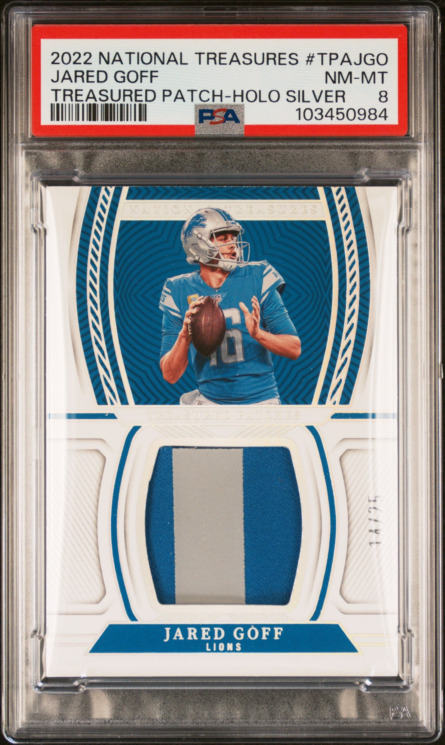 2022 Panini National Treasures Jared Goff #TPA-JGO Treasured Patches Holo Silver #/25 PSA 8 Detroit Lions