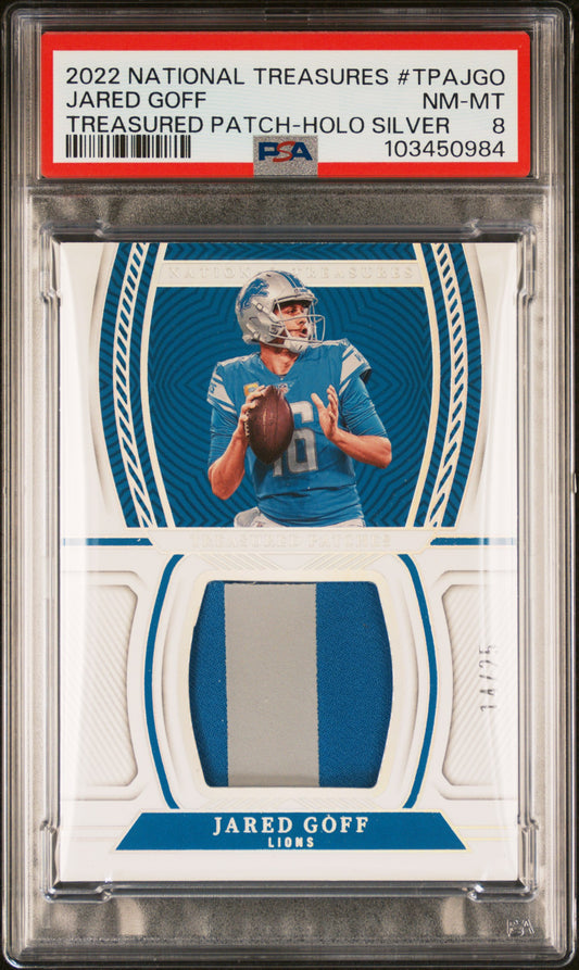 2022 Panini National Treasures Jared Goff #TPA-JGO Treasured Patches Holo Silver #/25 PSA 8 Detroit Lions