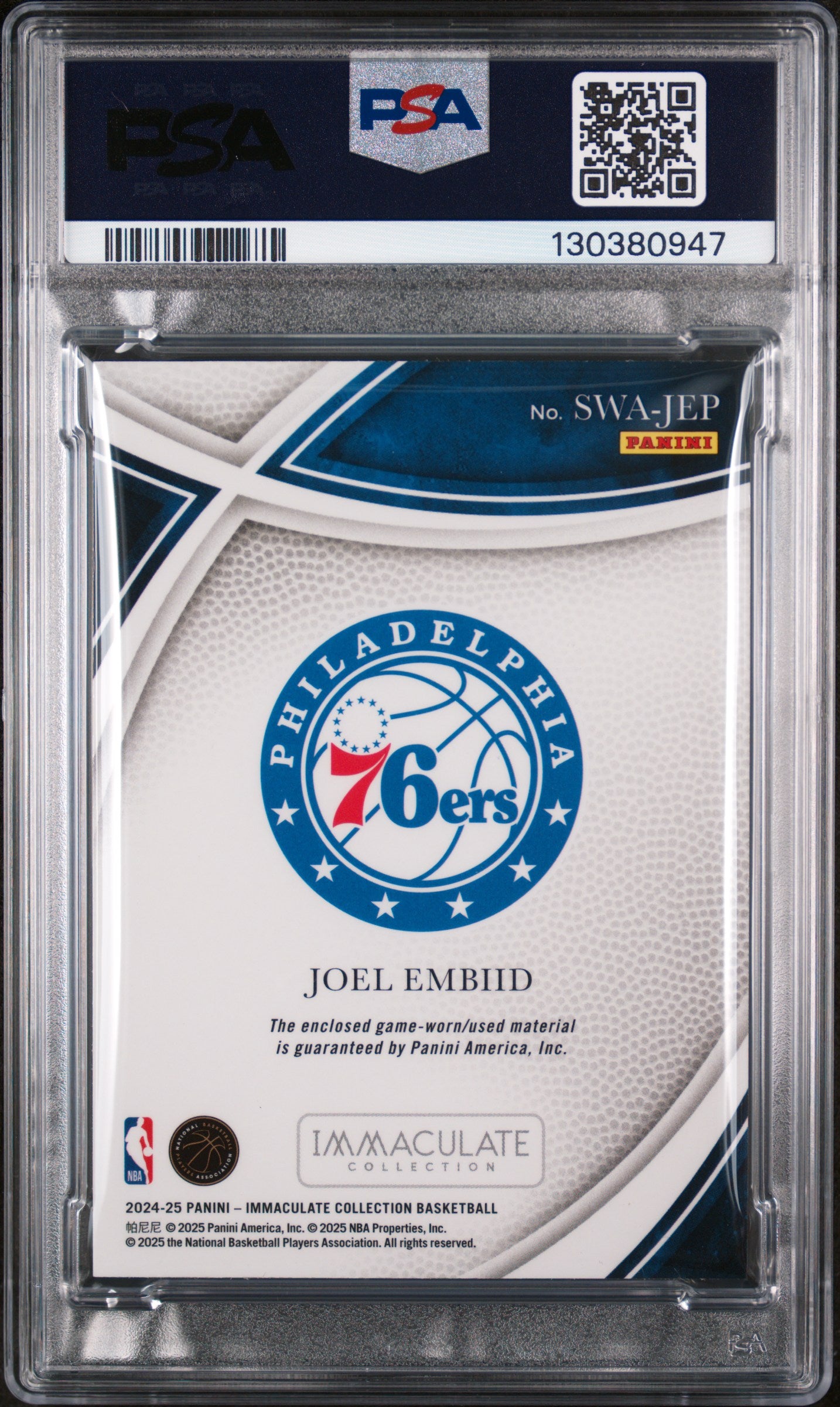2024-25 Panini Immaculate Collection Joel Embiid #SWA-JEP Swatches #/99 PSA 8 Philadelphia 76ers