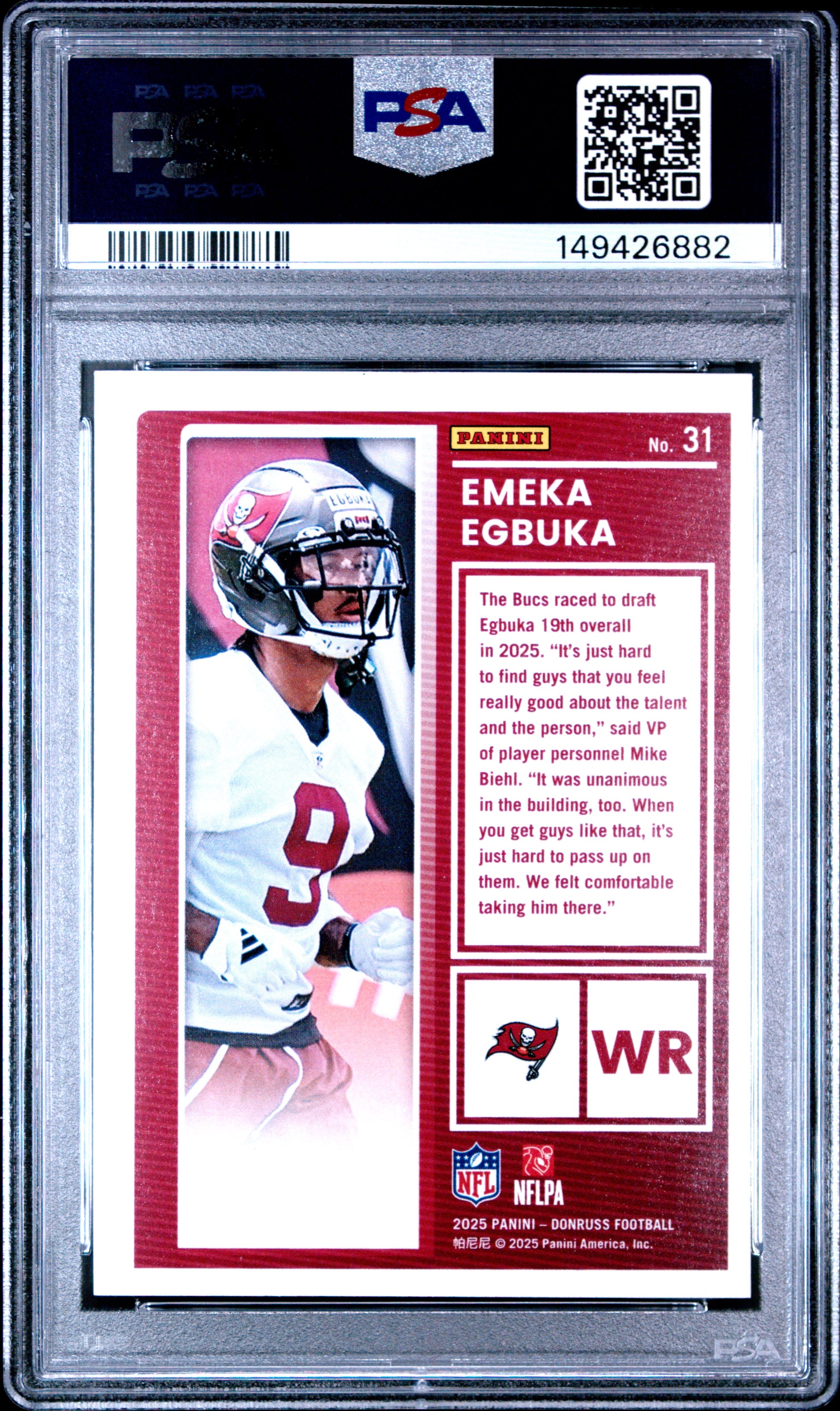 2025 Donruss Emeka Egbuka #31 The Rookies PSA 8 Tampa Bay Buccaneers