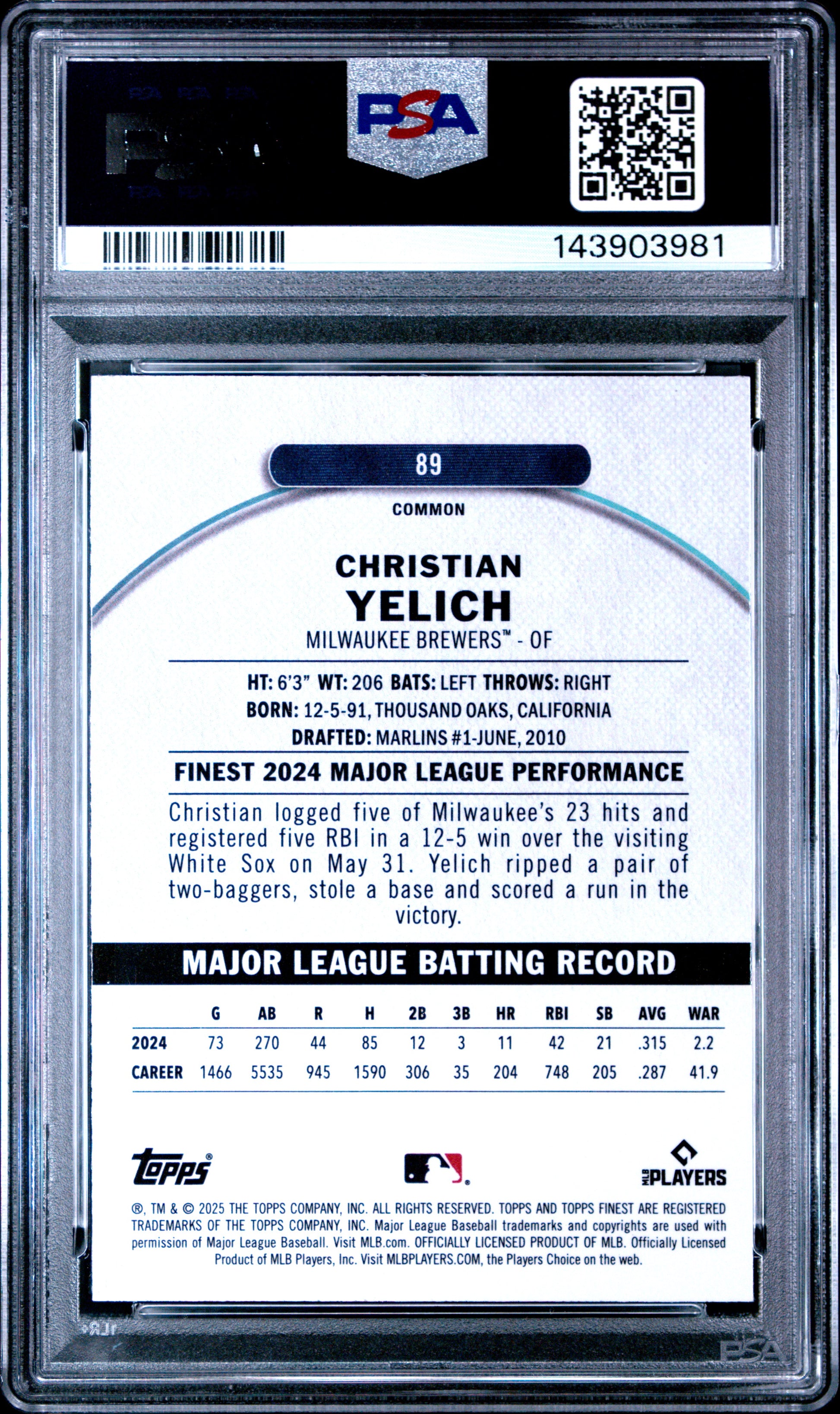 2025 Finest Christian Yelich #89 Blue Checkerboard Refractors #/99 PSA 8 Milwaukee Brewers
