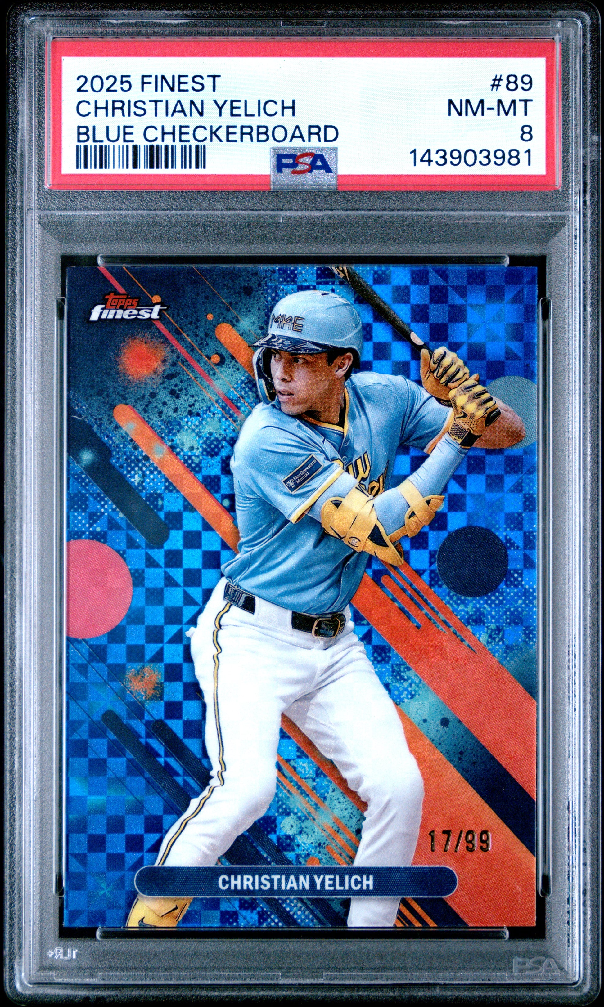 2025 Finest Christian Yelich #89 Blue Checkerboard Refractors #/99 PSA 8 Milwaukee Brewers