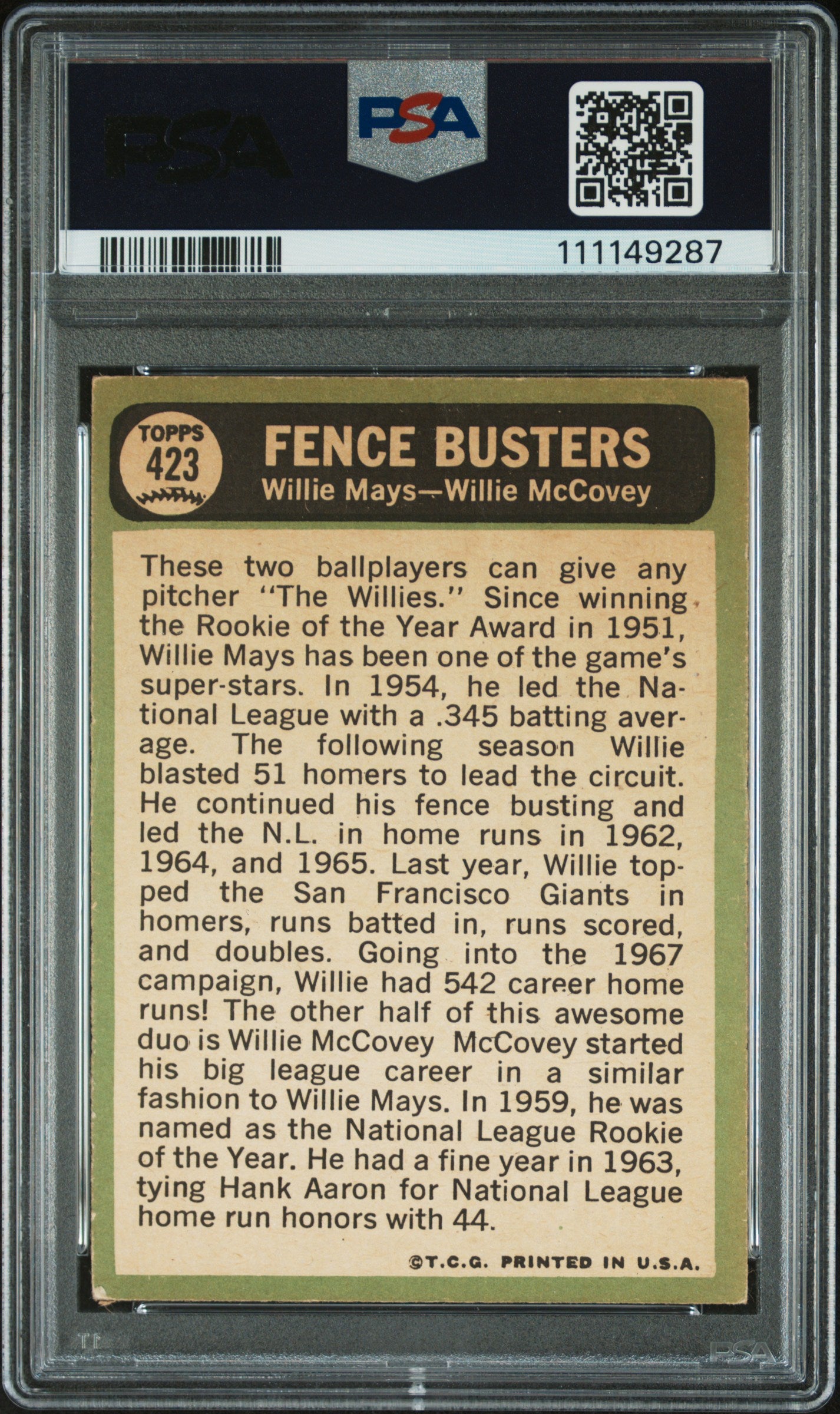 1967 Topps Fence Busters (Willie Mays / Willie McCovey) #423 PSA 1.5 San Francisco Giants