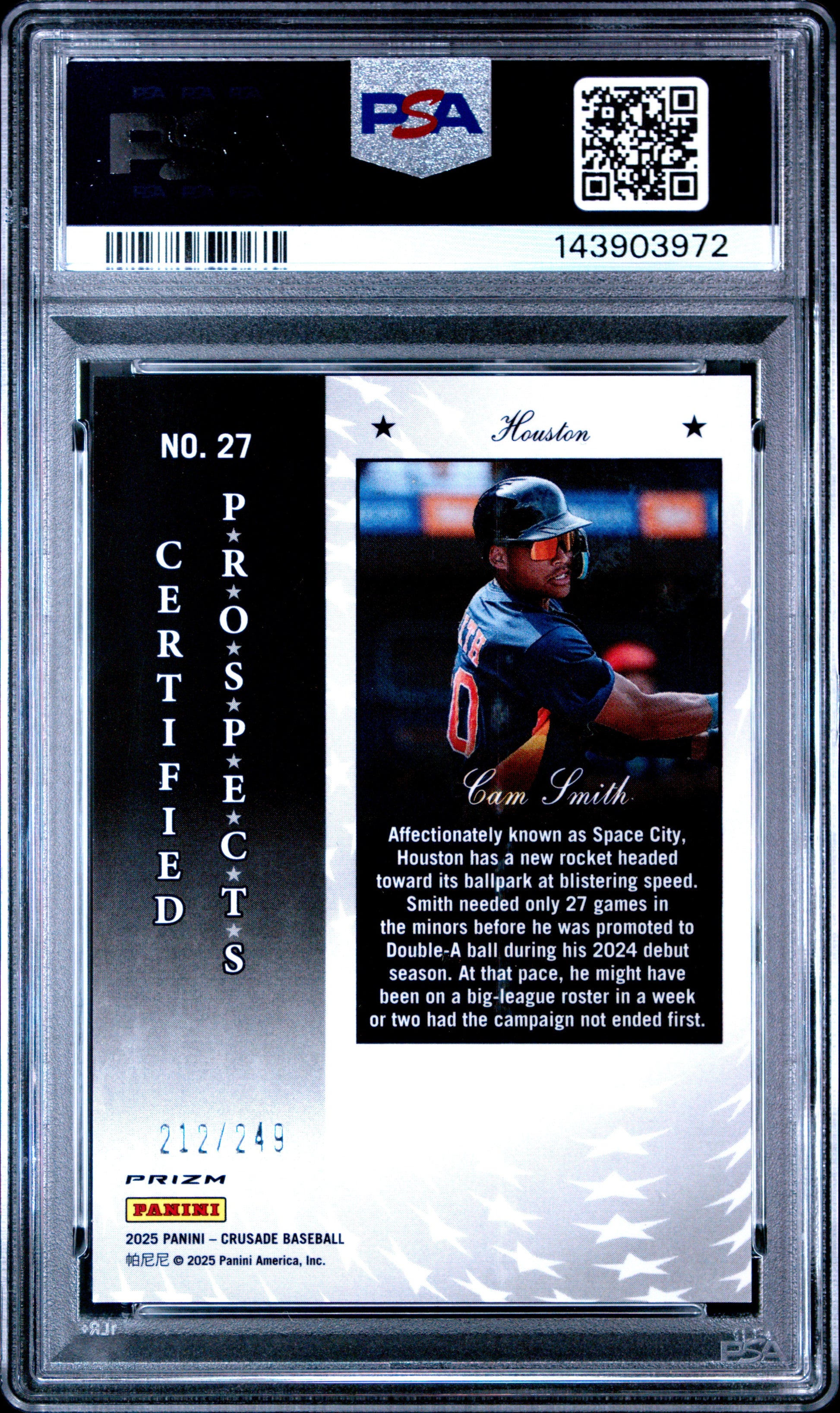 2025 Panini Crusade Cam Smith #27 Certified Prospects Green #/249 PSA 9 Houston Astros