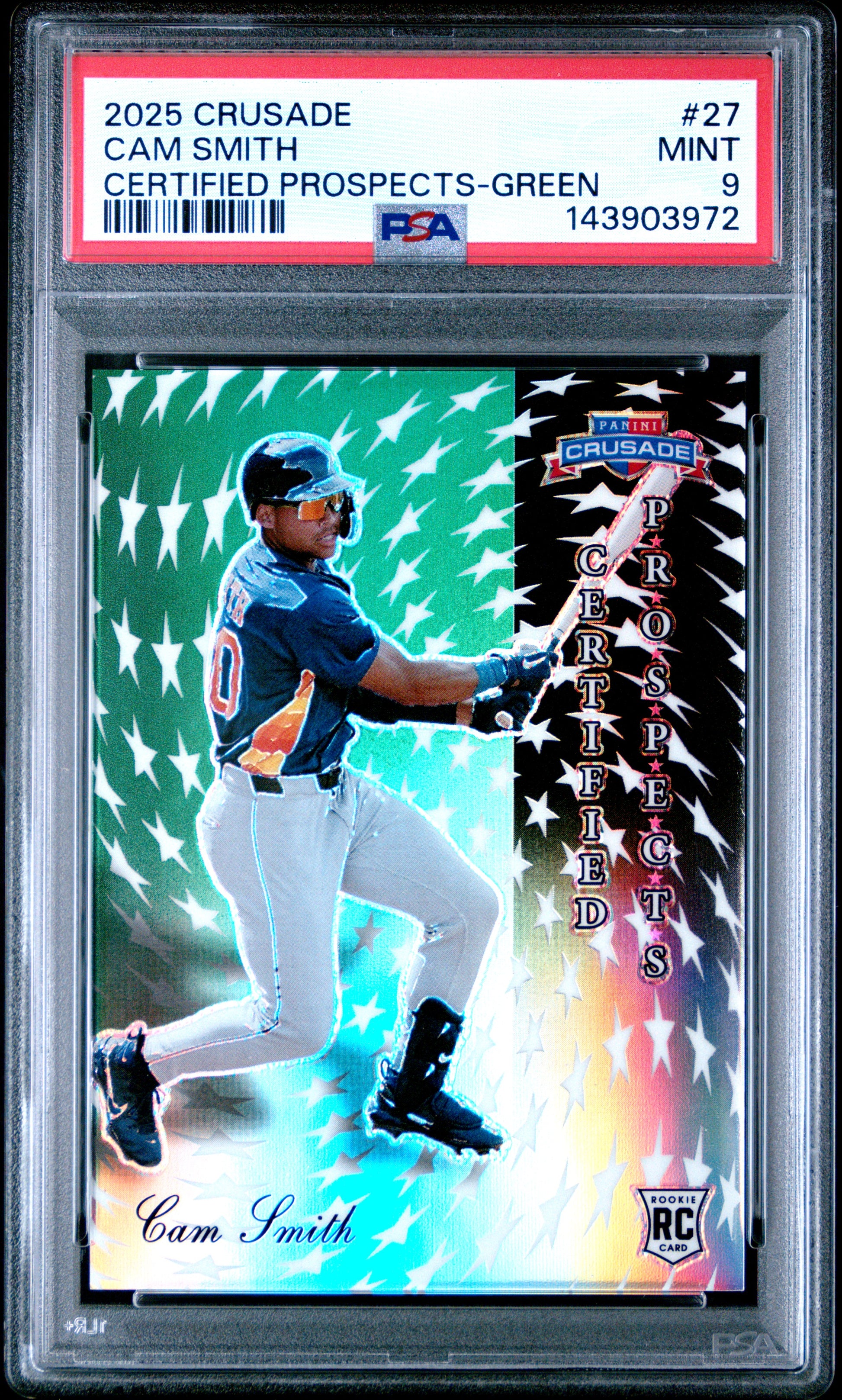 2025 Panini Crusade Cam Smith #27 Certified Prospects Green #/249 PSA 9 Houston Astros
