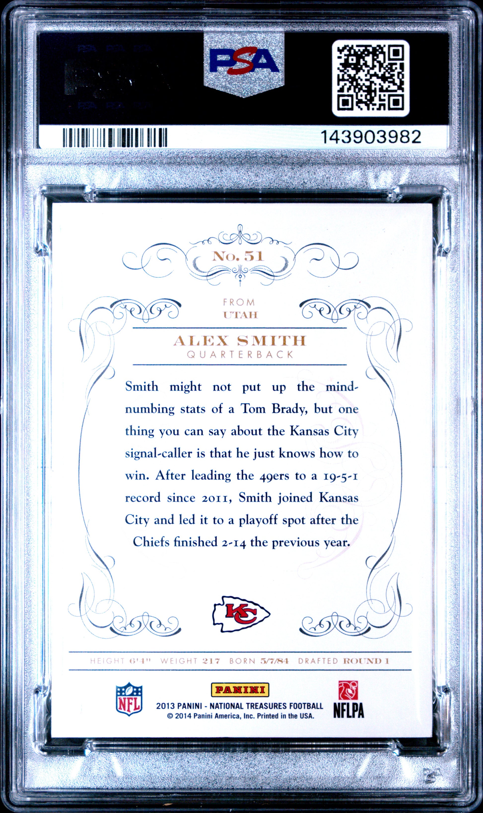 2013 Panini National Treasures Alex Smith #51 #/99 PSA 9 Kansas City Chiefs