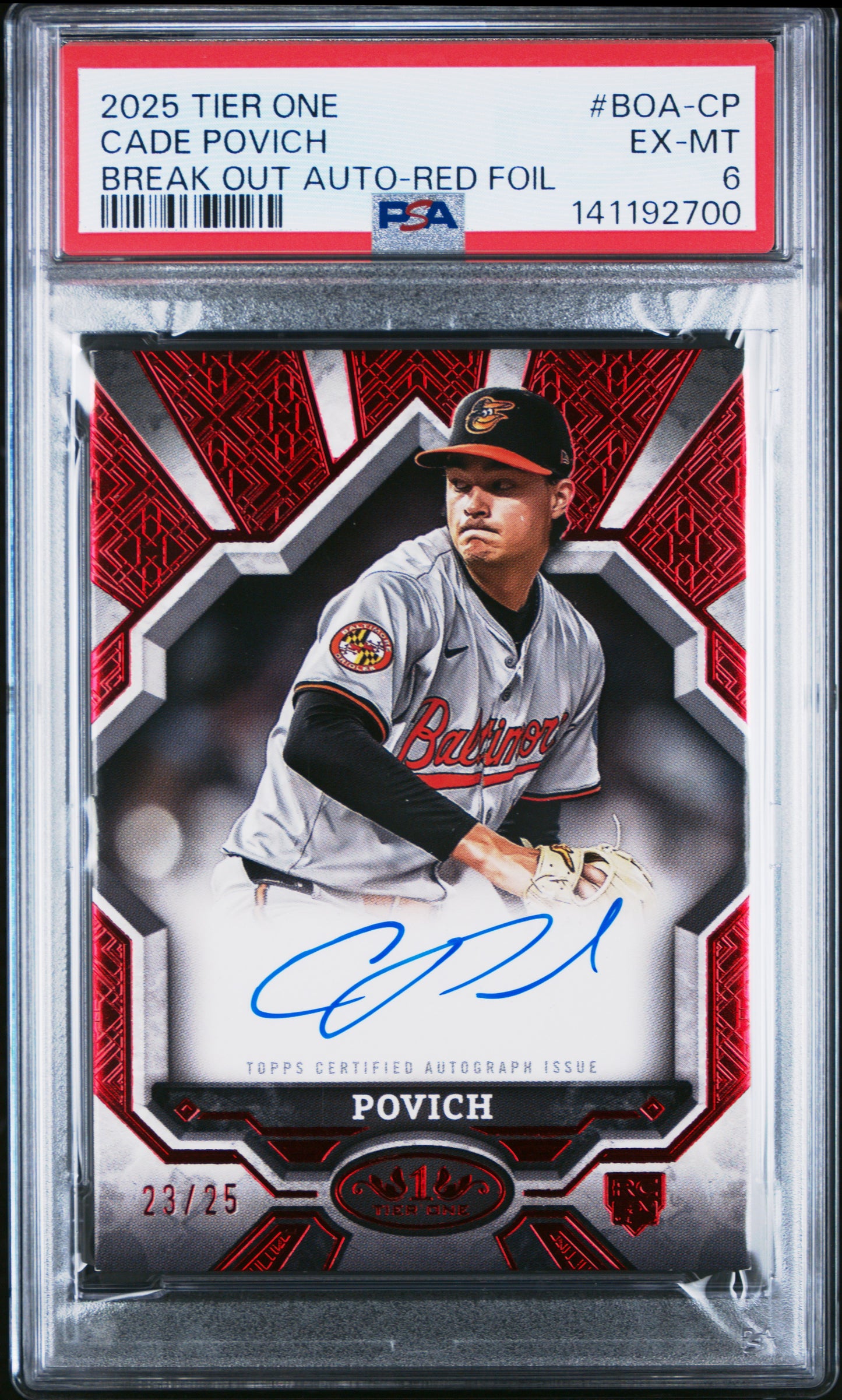 2025 Topps Tier One Cade Povich #BOA-CP Break Out Autographs Red Foil PSA 6 Baltimore Orioles