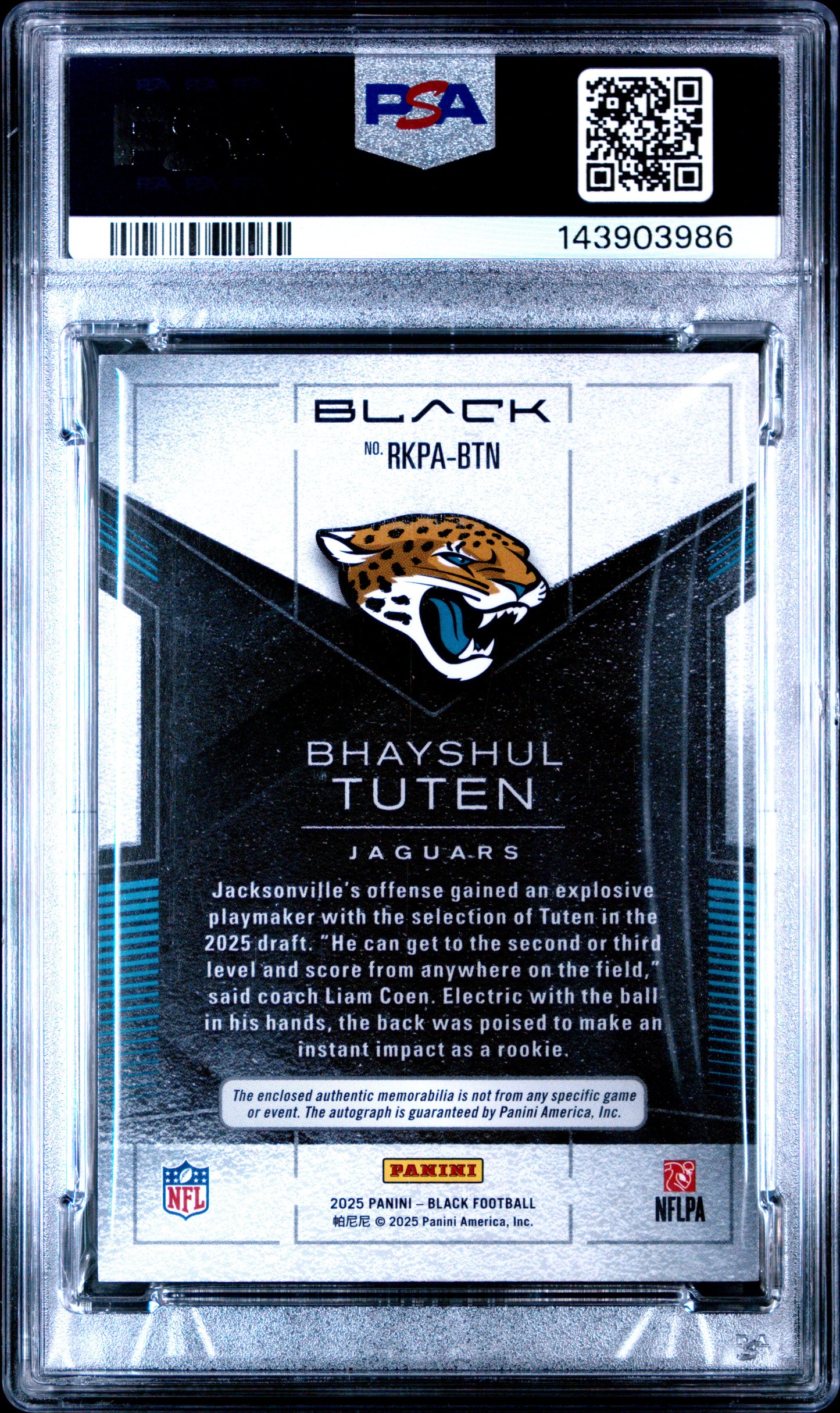 2025 Panini Black Bhayshul Tuten #RKPA-BTN Rookie Patch Autographs #/249 PSA 8 Jacksonville Jaguars