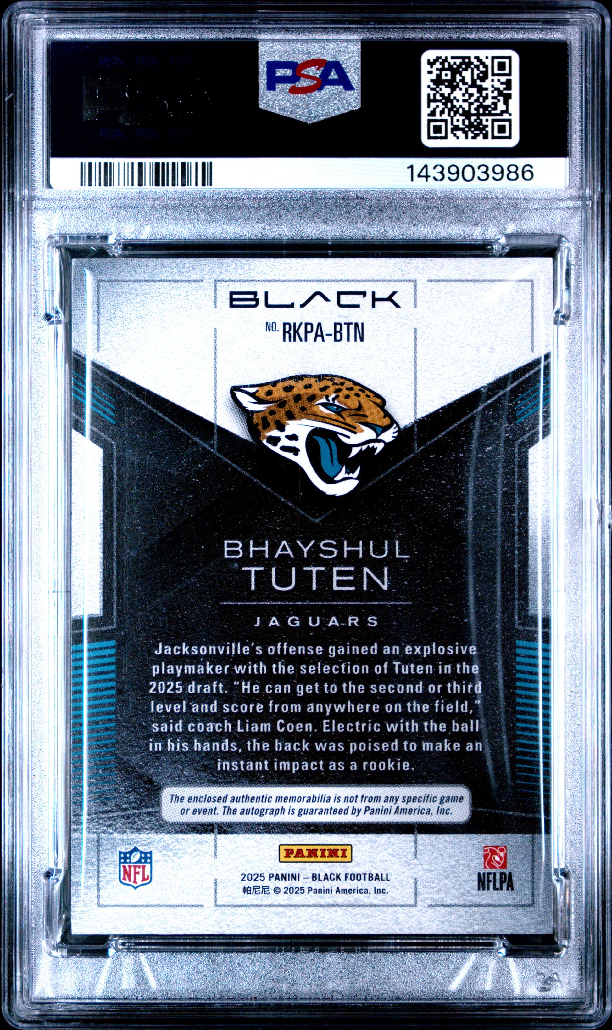 2025 Panini Black Bhayshul Tuten #RKPA-BTN Rookie Patch Autographs #/249 PSA 8 Jacksonville Jaguars