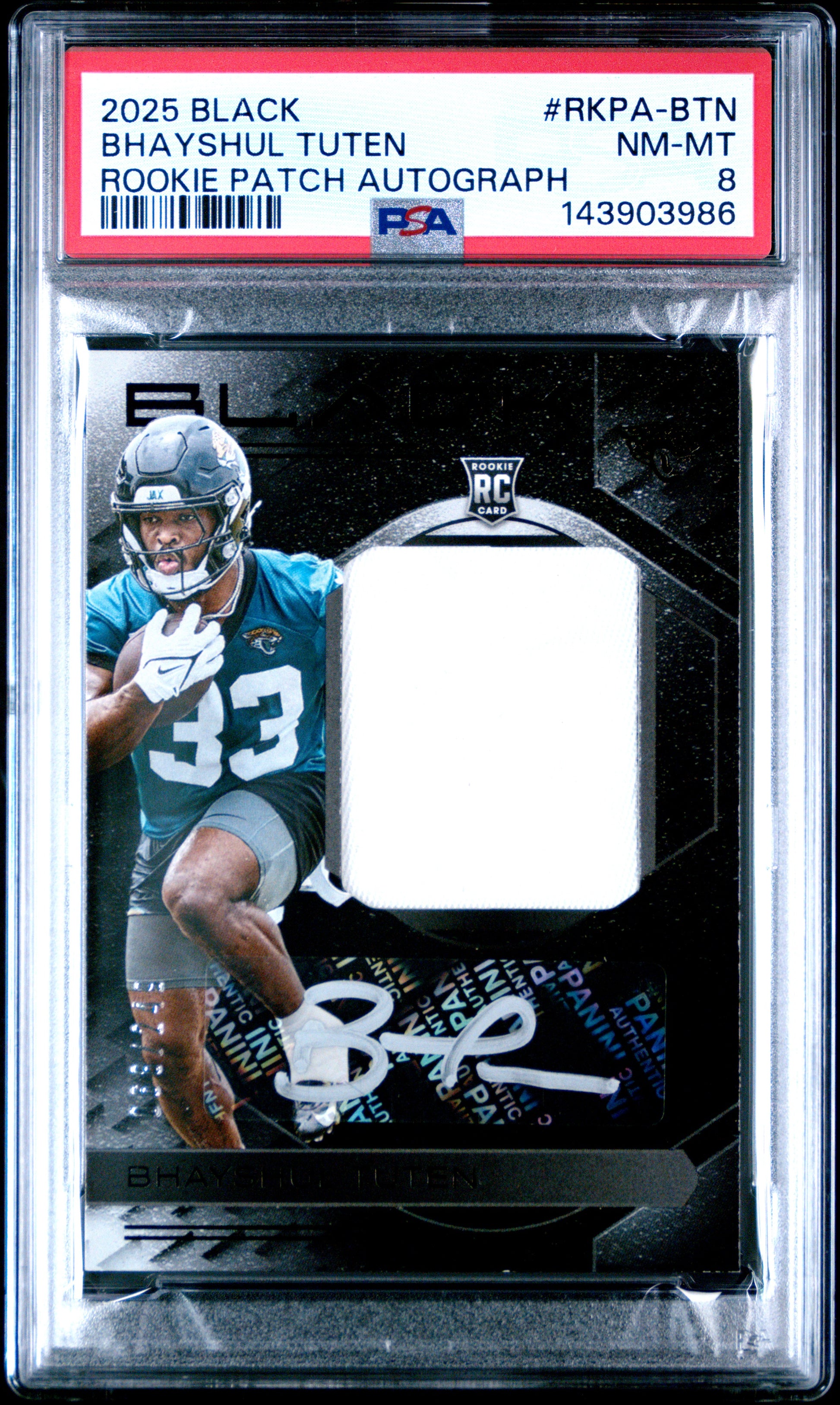 2025 Panini Black Bhayshul Tuten #RKPA-BTN Rookie Patch Autographs #/249 PSA 8 Jacksonville Jaguars