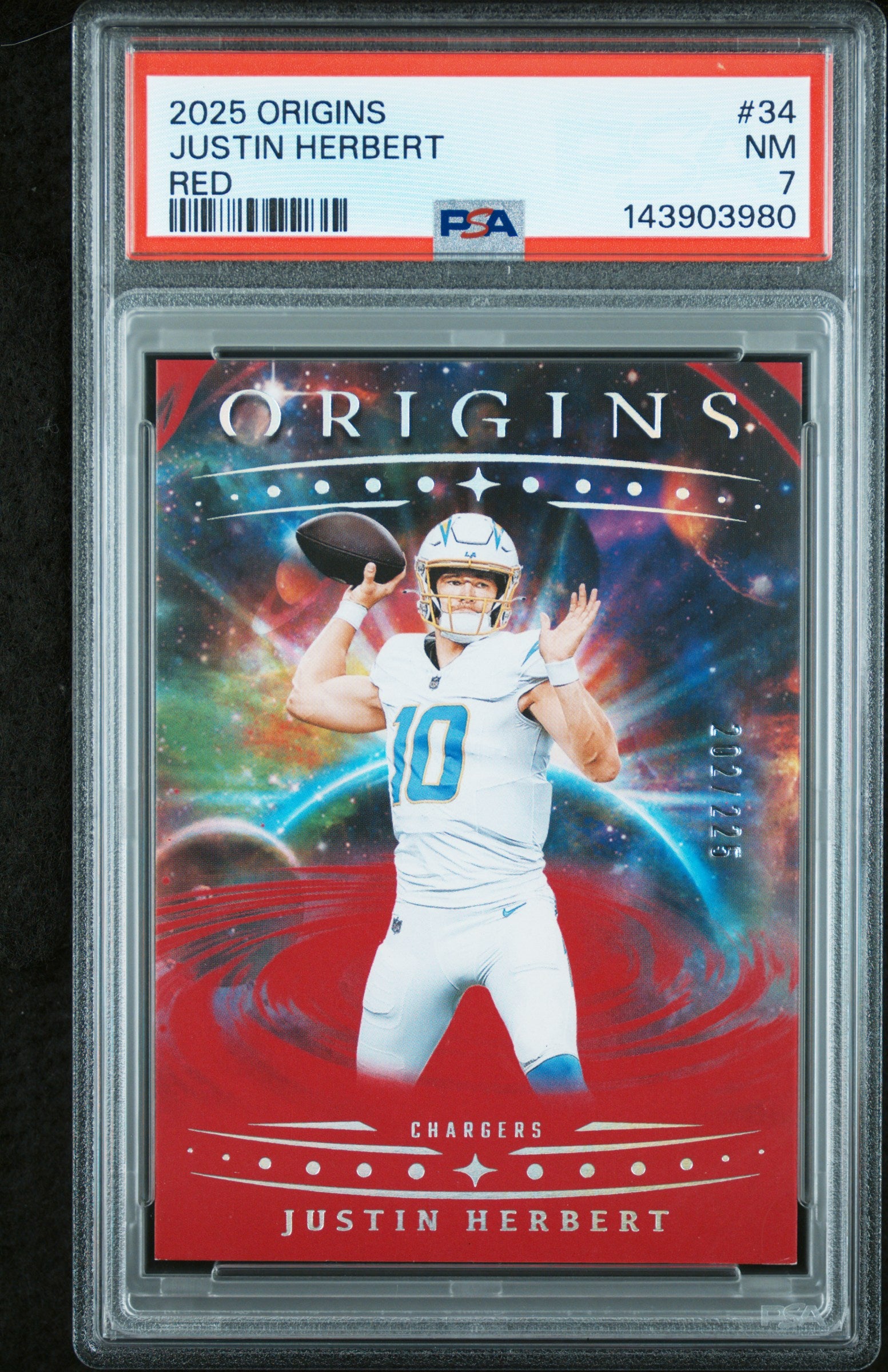 2025 Panini Origins Justin Herbert #34 Red #/225 PSA 7 Los Angeles Chargers