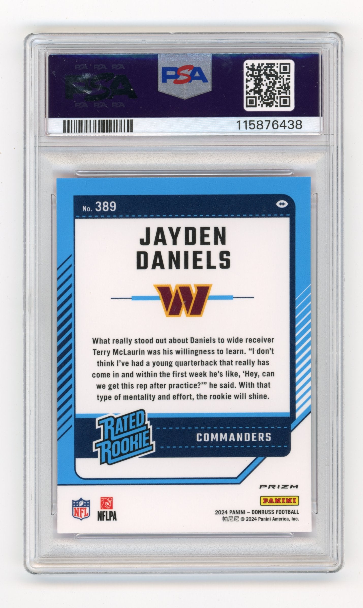 2024 Donruss Jayden Daniels #389 Optic Rated Rookies Preview Pink Washington Commanders PSA 10
