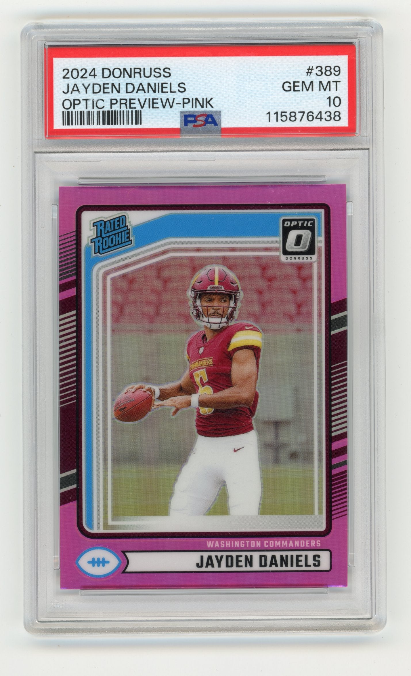 2024 Donruss Jayden Daniels #389 Optic Rated Rookies Preview Pink Washington Commanders PSA 10