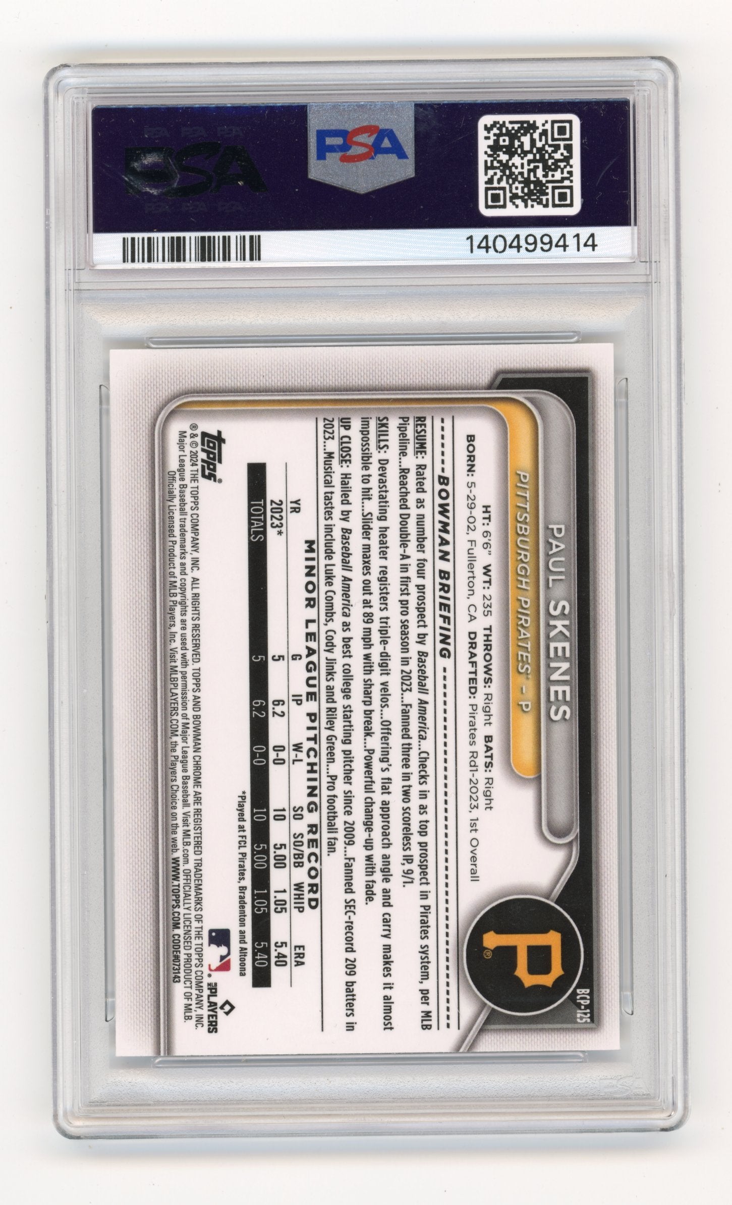 2024 Bowman Paul Skenes #BCP-125 Chrome Prospects Pittsburgh Pirates PSA 10