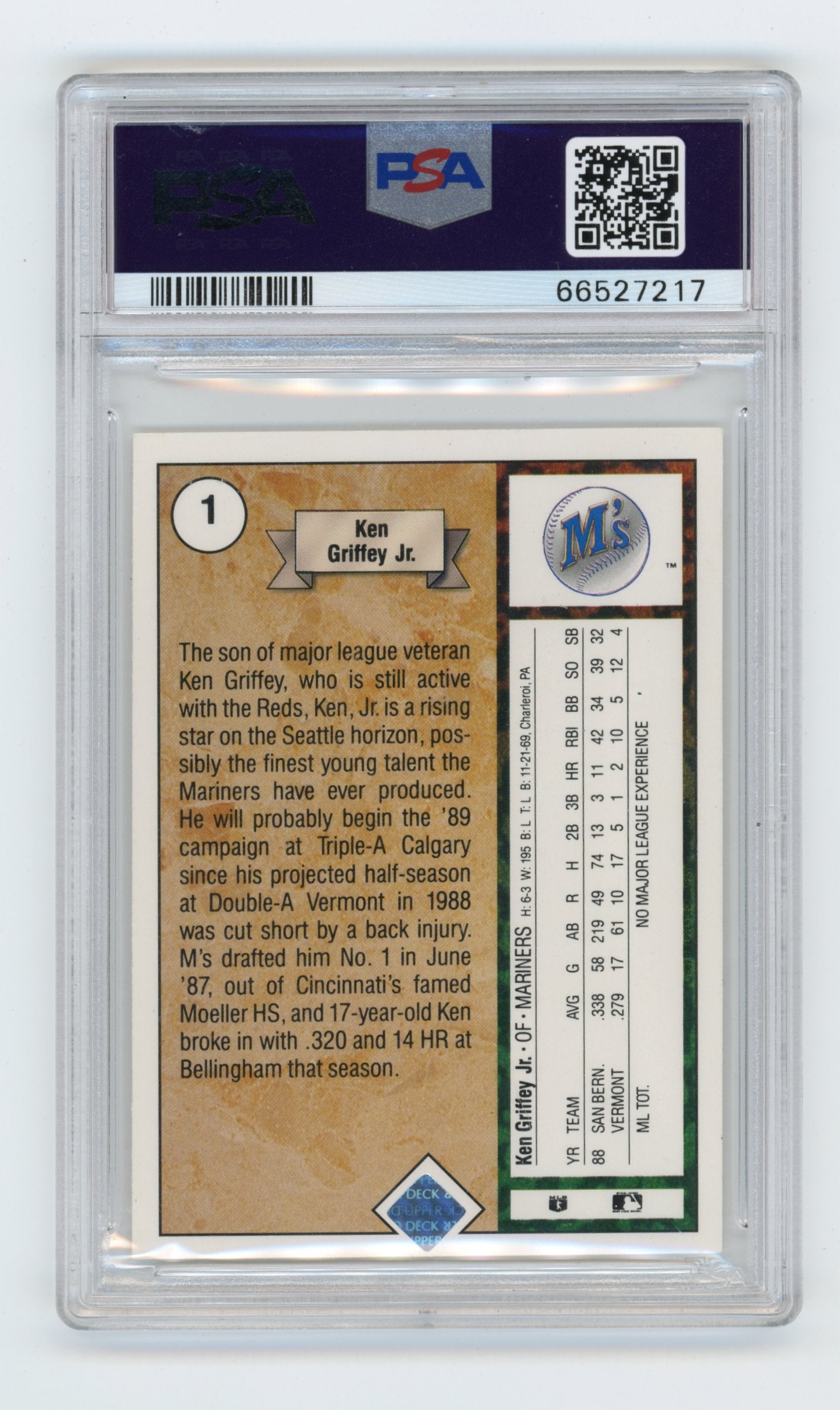 1989 Upper Deck Ken Griffey Jr. #1 Seattle Mariners PSA 7
