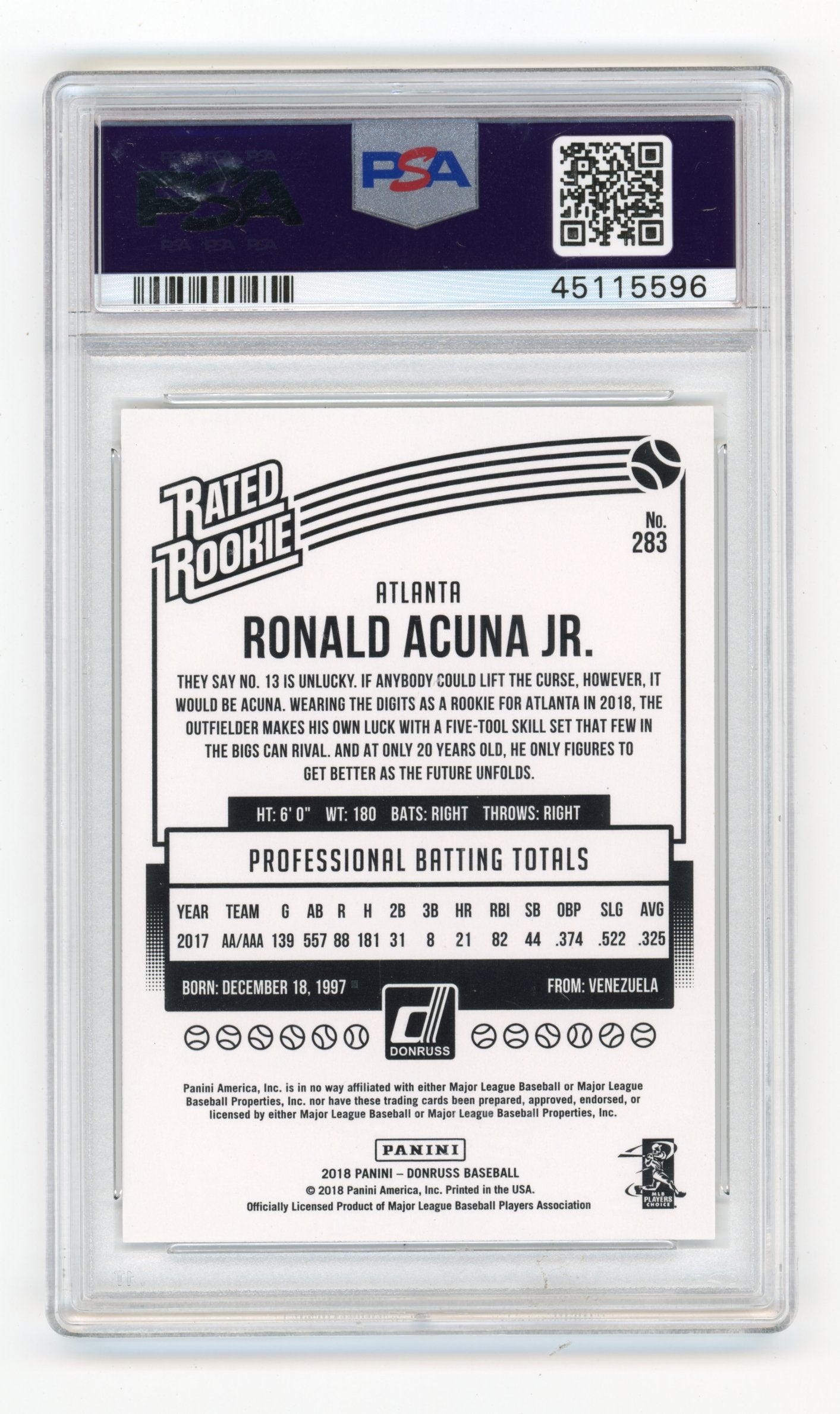 2018 Donruss Ronald Acuna Jr. #283b Wrapper Redemption Rated Rookies : "Ronald Jose Acuna Blanco Jr." on front Atlanta Braves PSA 10
