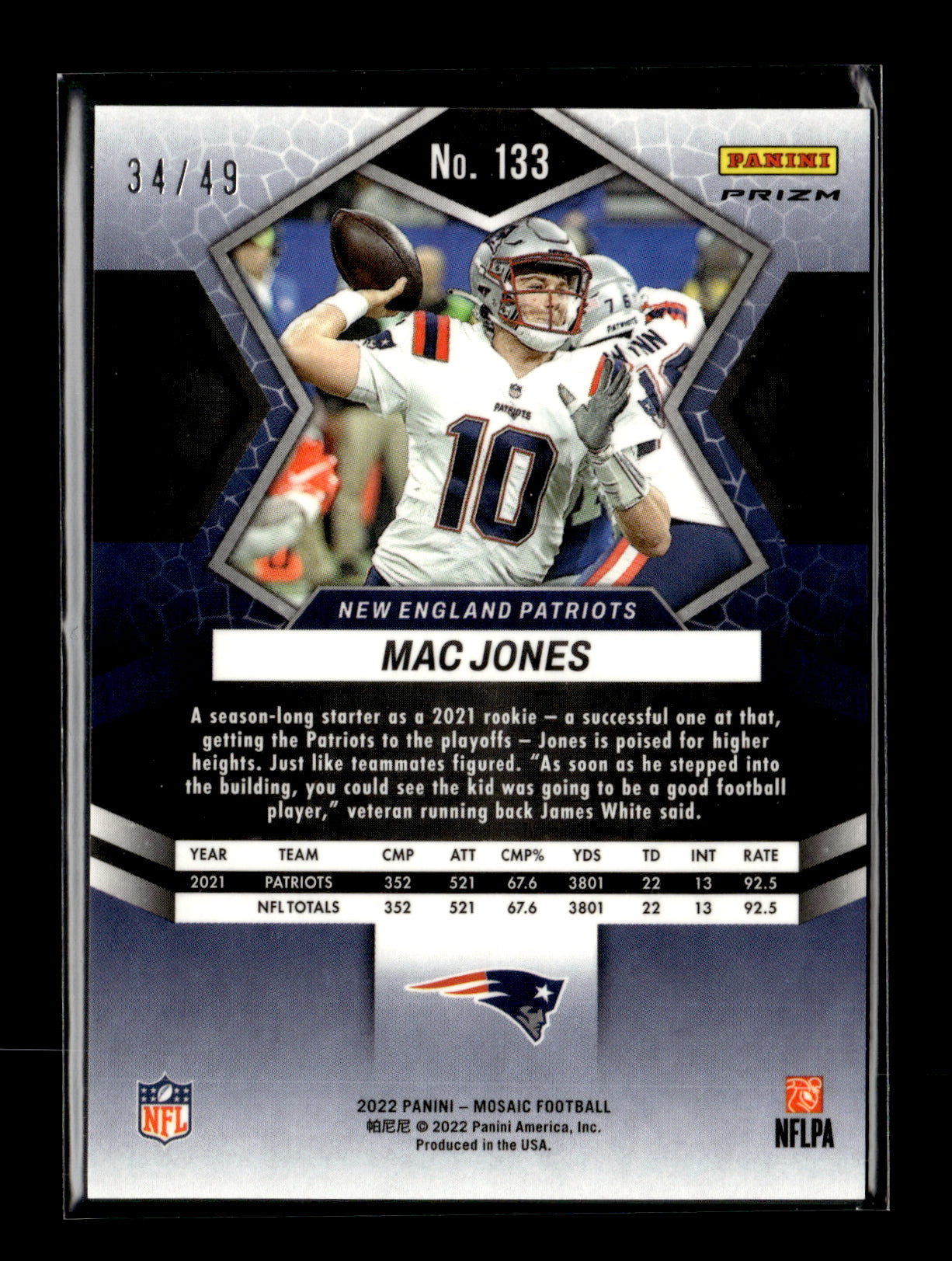 2022 Panini Mosaic Mac Jones #133 Mosaic Purple #/49 New England Patriots
